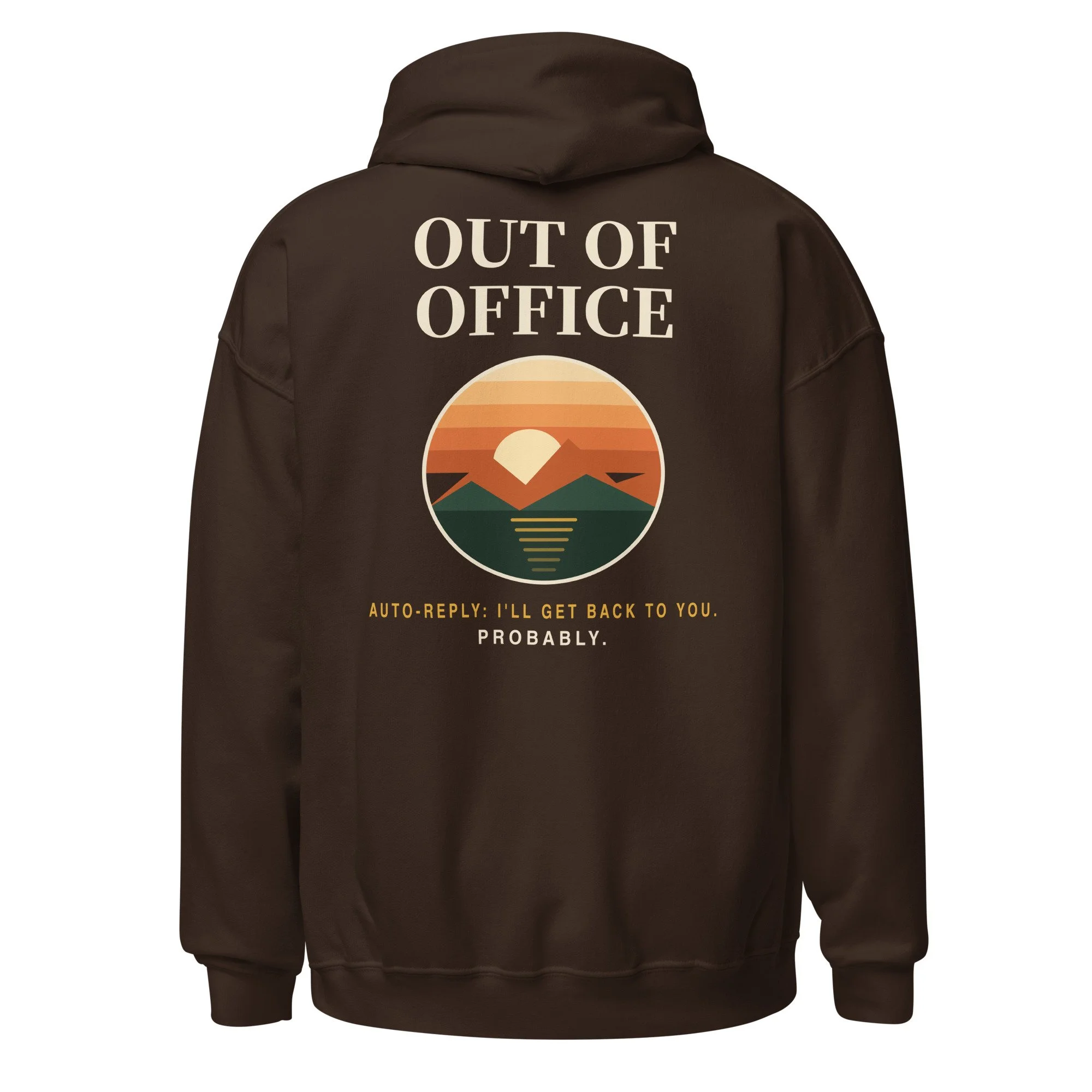 Out of Office Hoodie in dark chocolate, back view