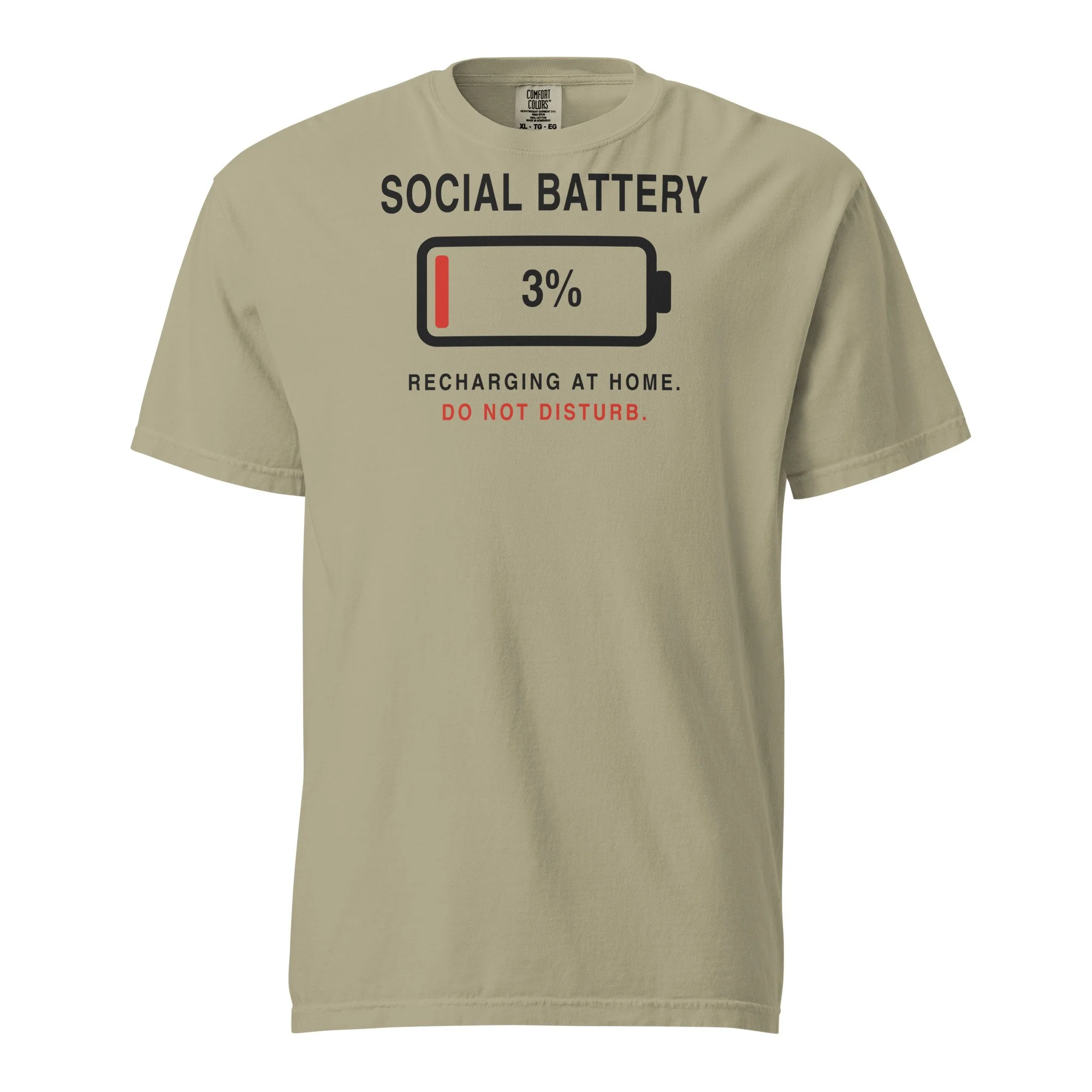 Social Battery 3% Tee in khaki, front view