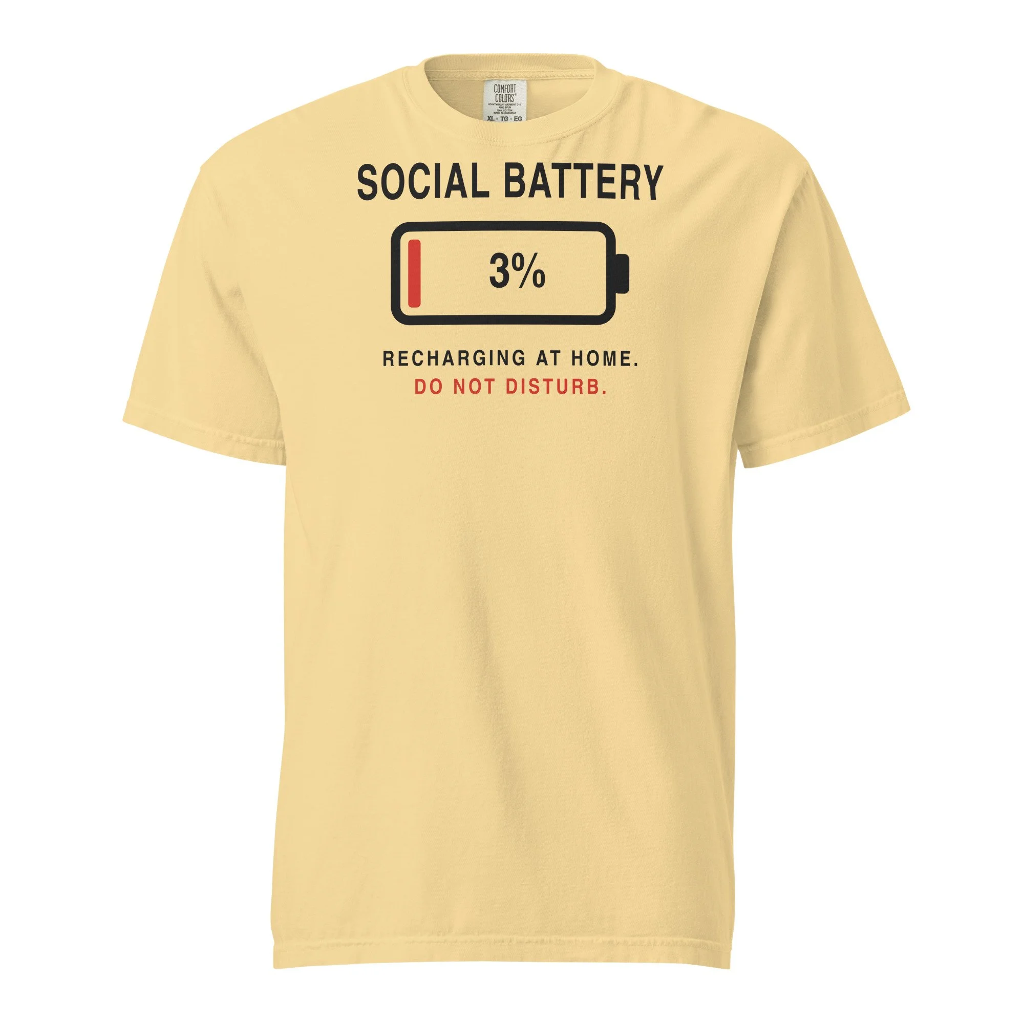 Social Battery 3% Tee in butter, front view