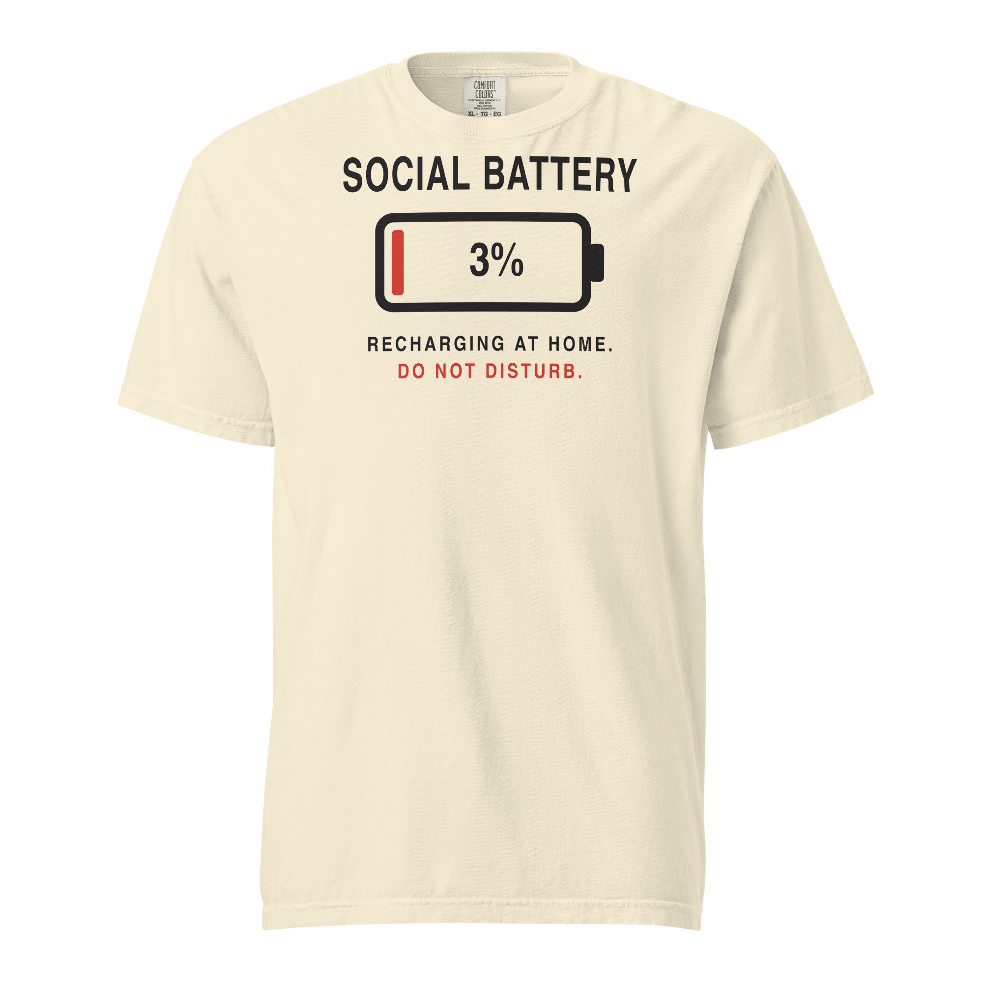 Social Battery 3% Tee in ivory, front view