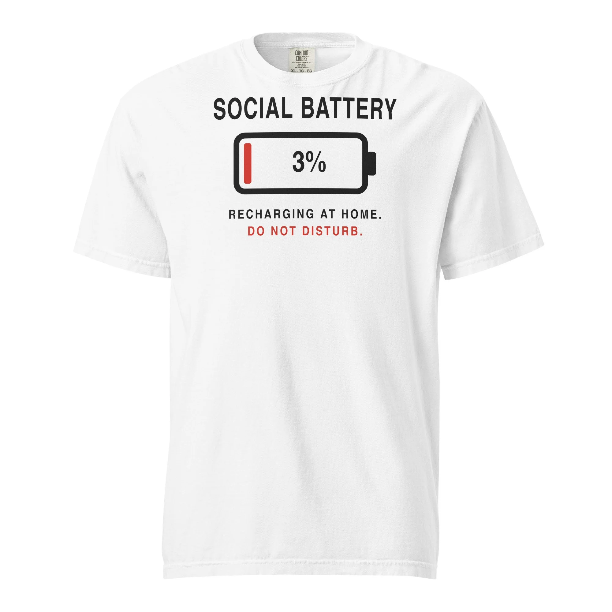 Social Battery 3% Tee in white, front view