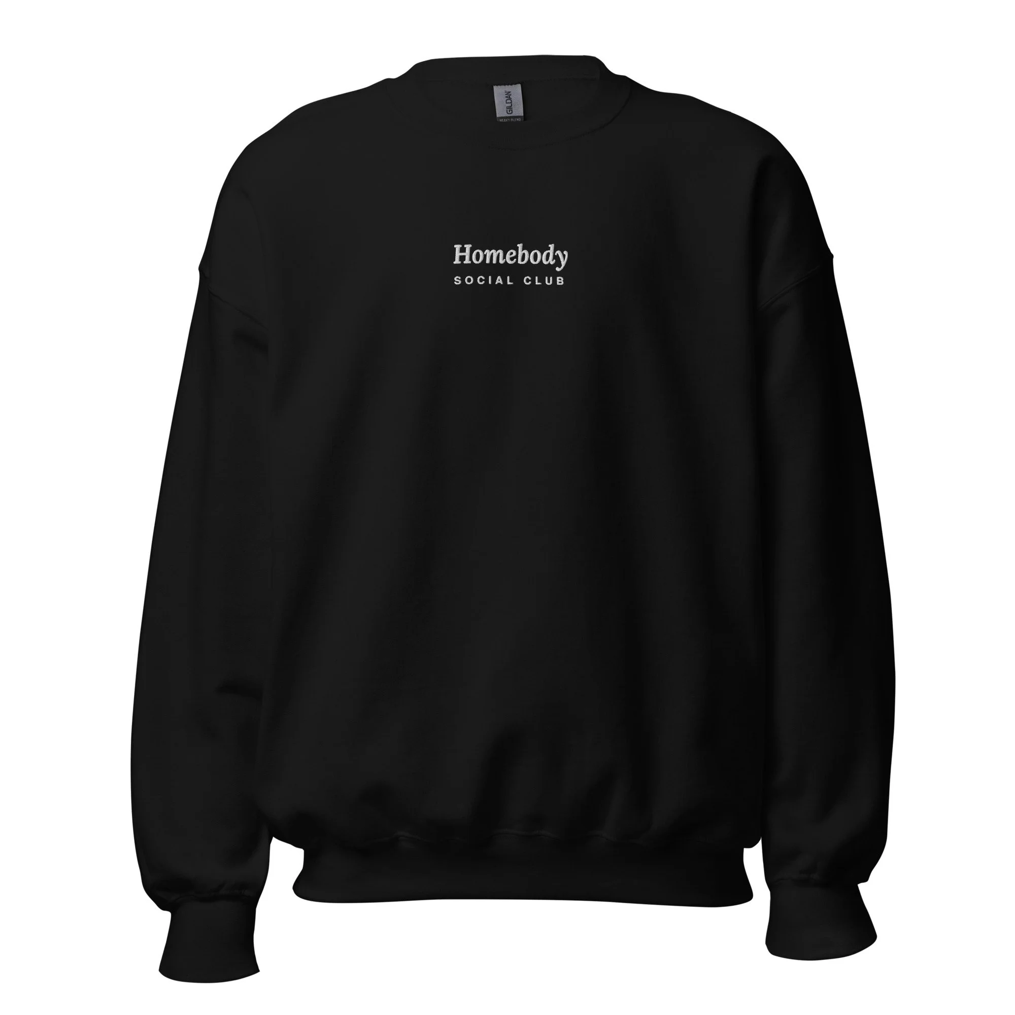 Homebody Social Club Embroidered Crewneck in black, front view