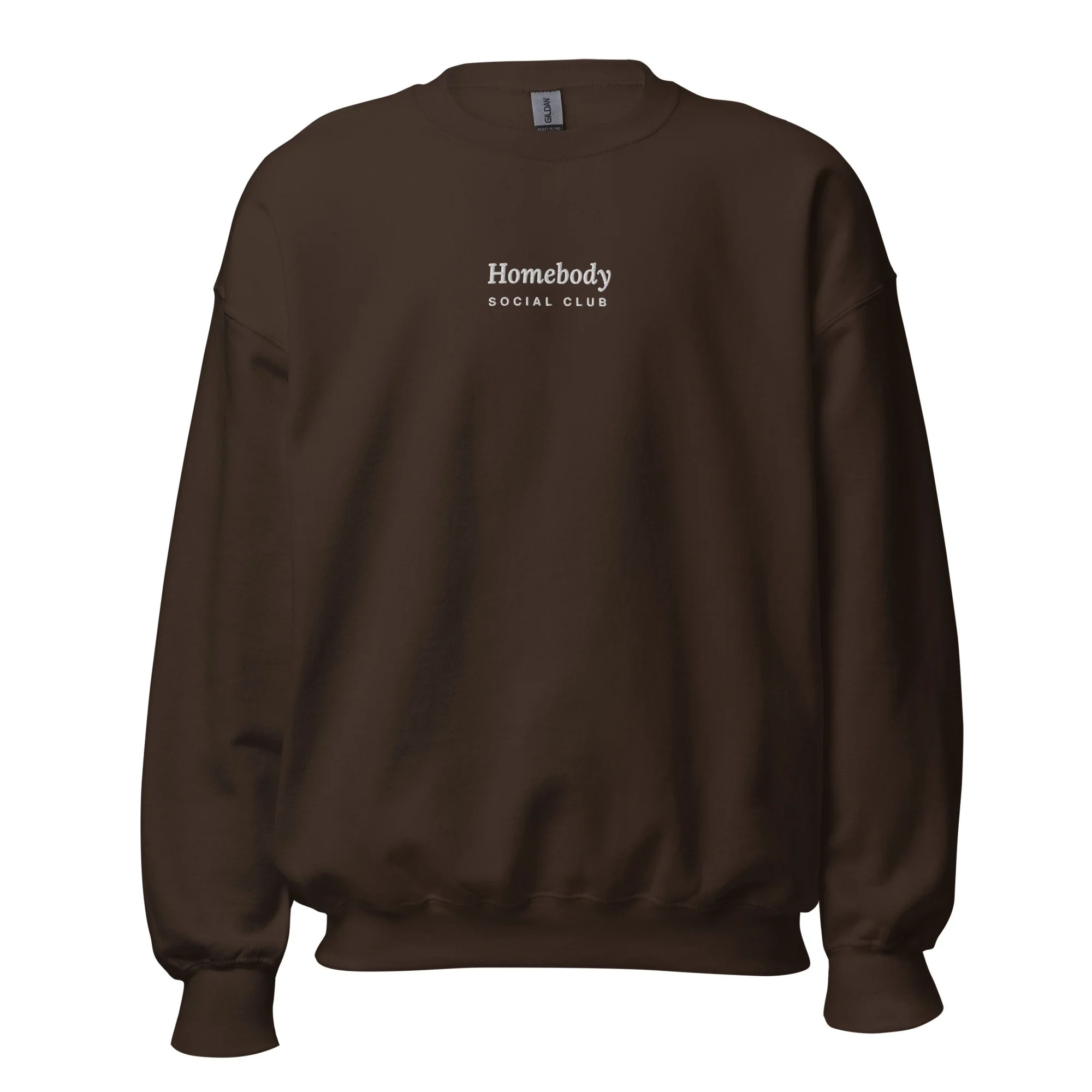 Homebody Social Club Embroidered Crewneck in dark chocolate, front view