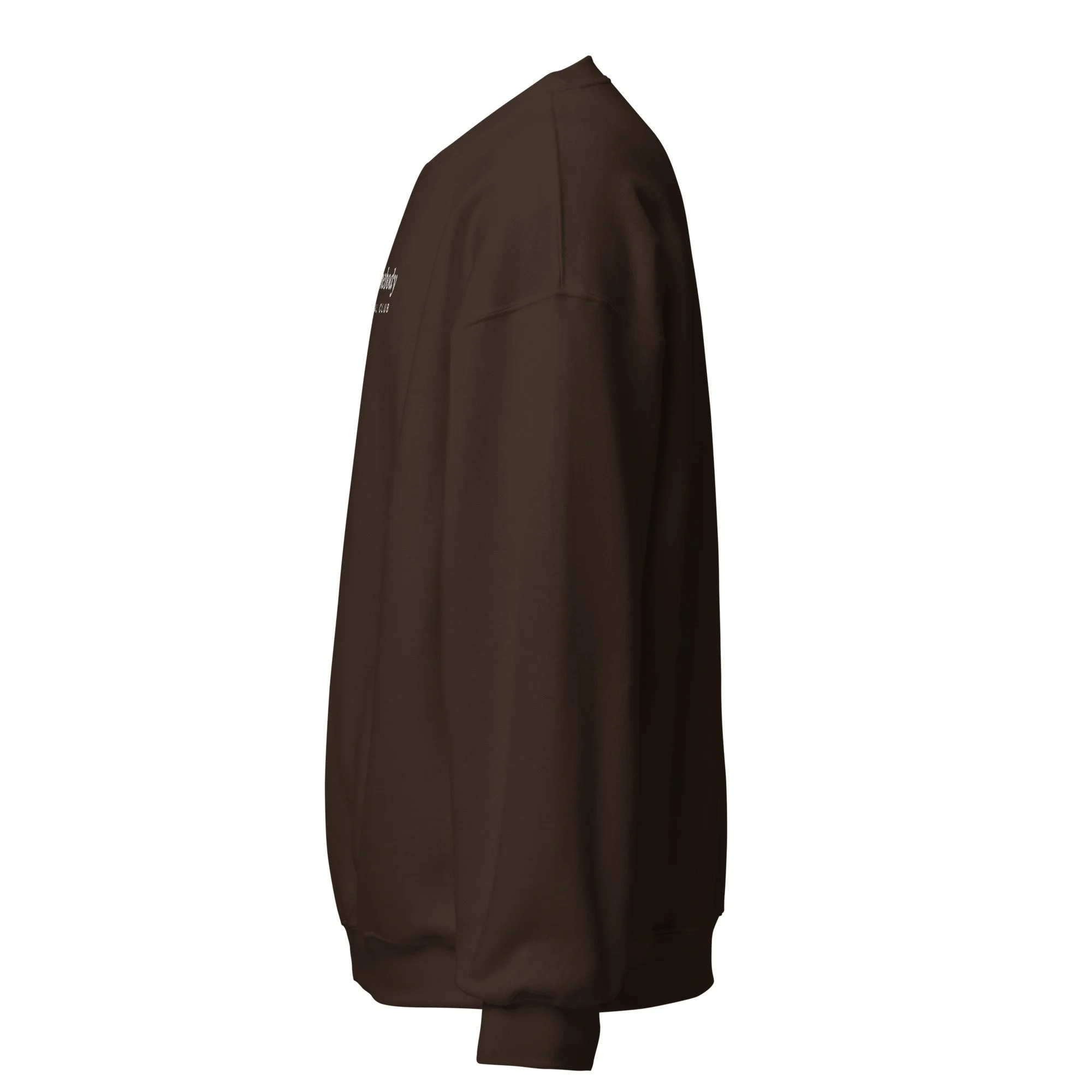 Homebody Social Club Embroidered Crewneck in dark chocolate, left view