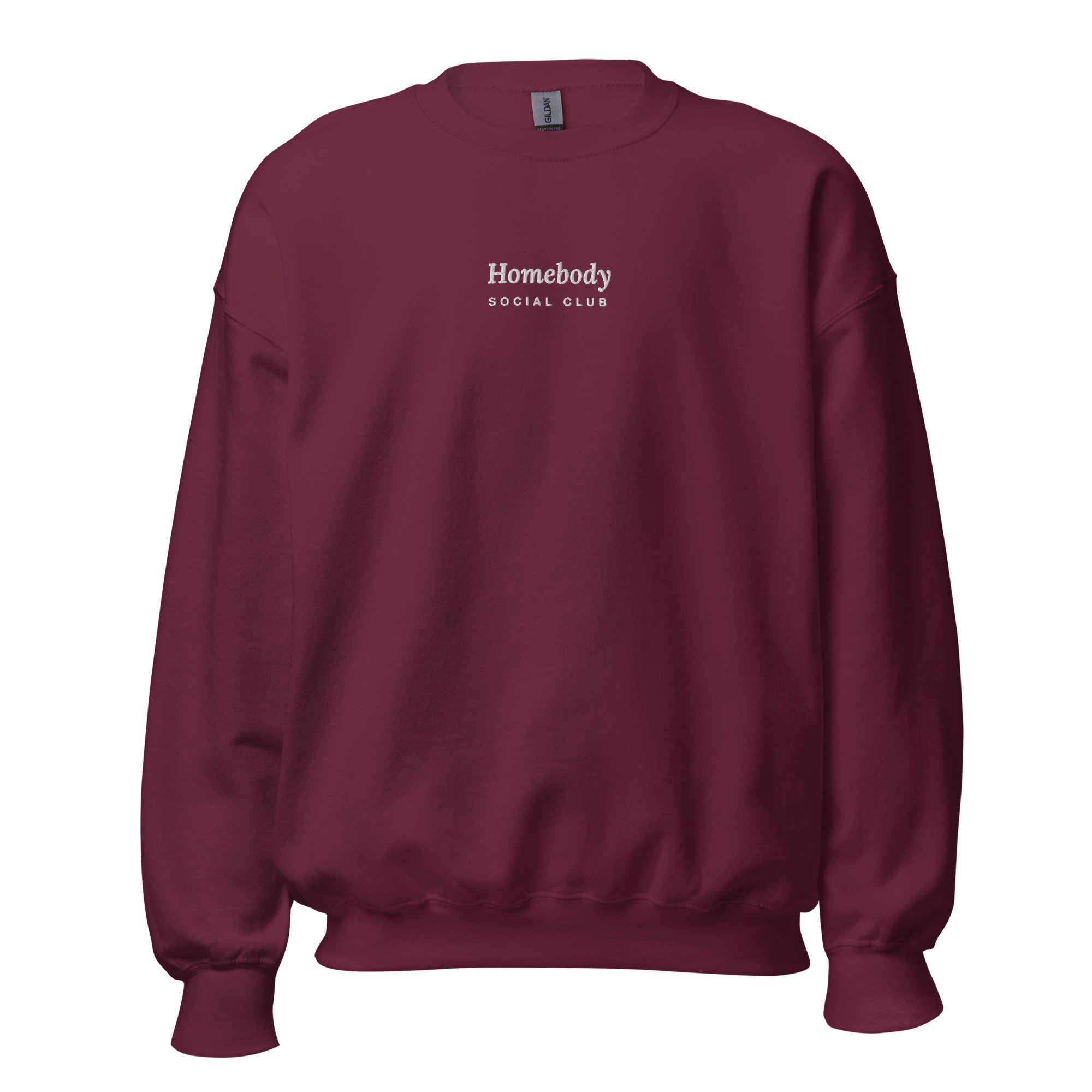 Homebody Social Club Embroidered Crewneck in maroon, front view