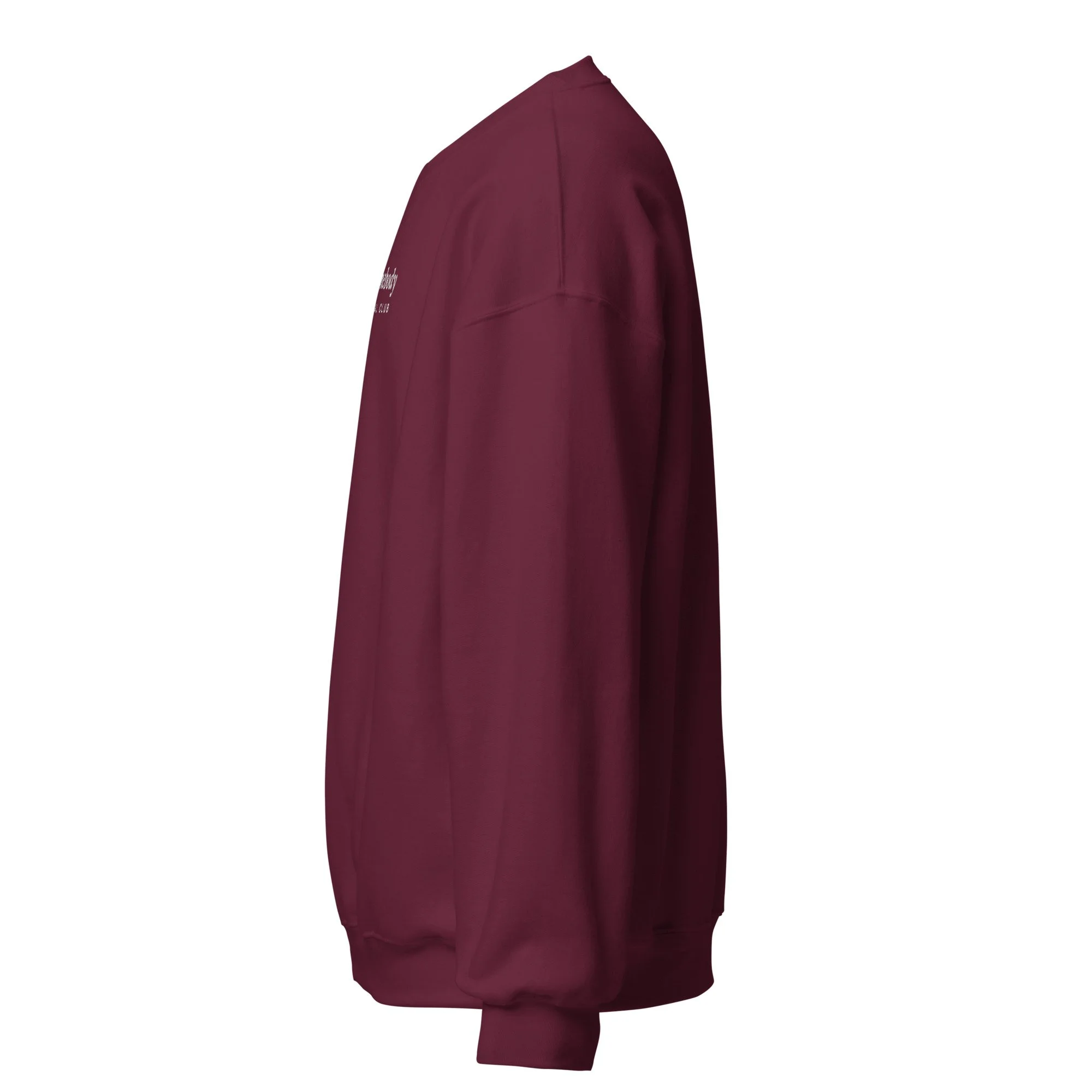 Homebody Social Club Embroidered Crewneck in maroon, left view
