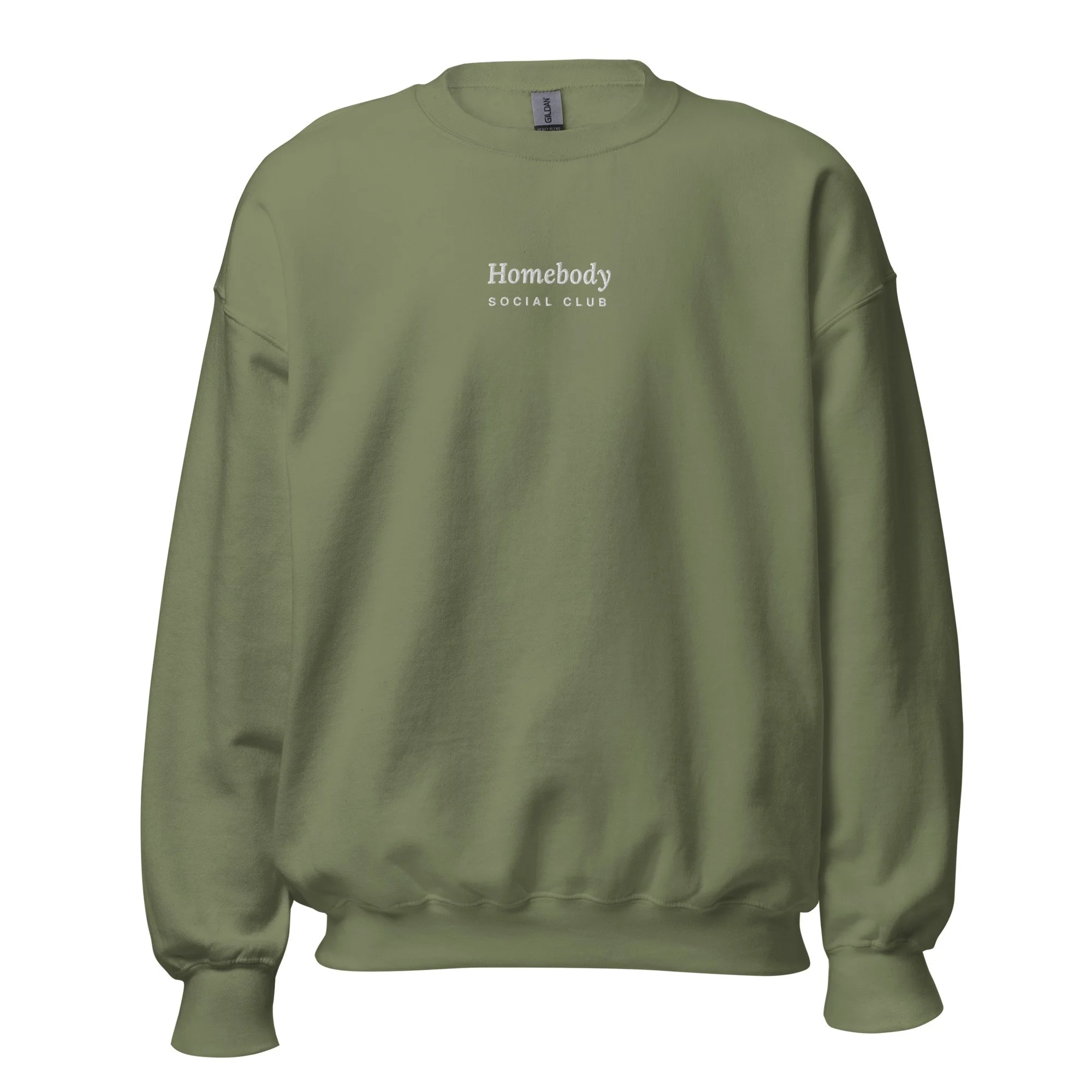 Homebody Social Club Embroidered Crewneck in military green, front view