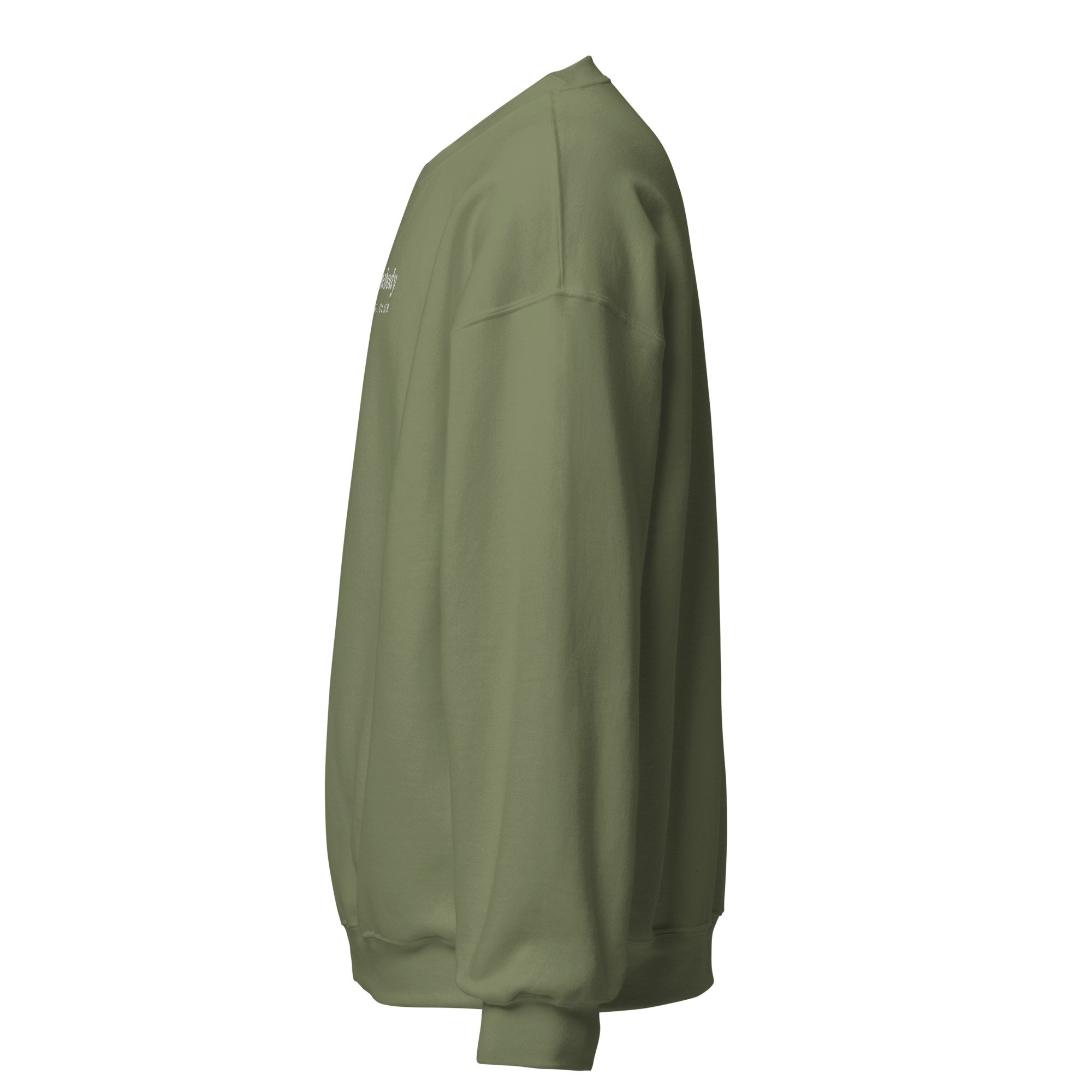 Homebody Social Club Embroidered Crewneck in military green, left view