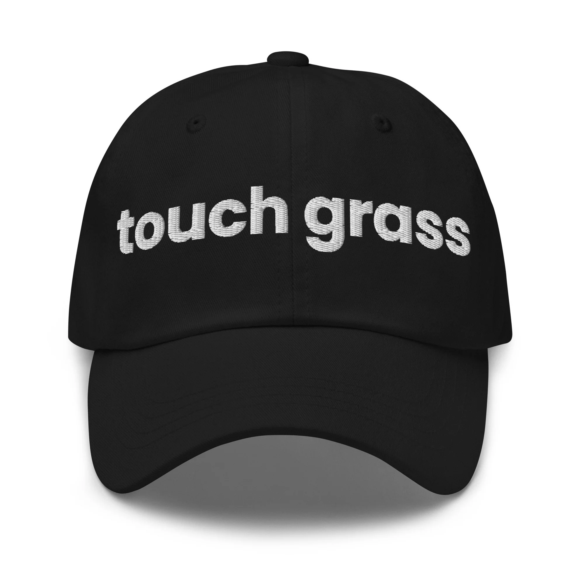 Touch Grass Embroidered Dad Hat in black, front view