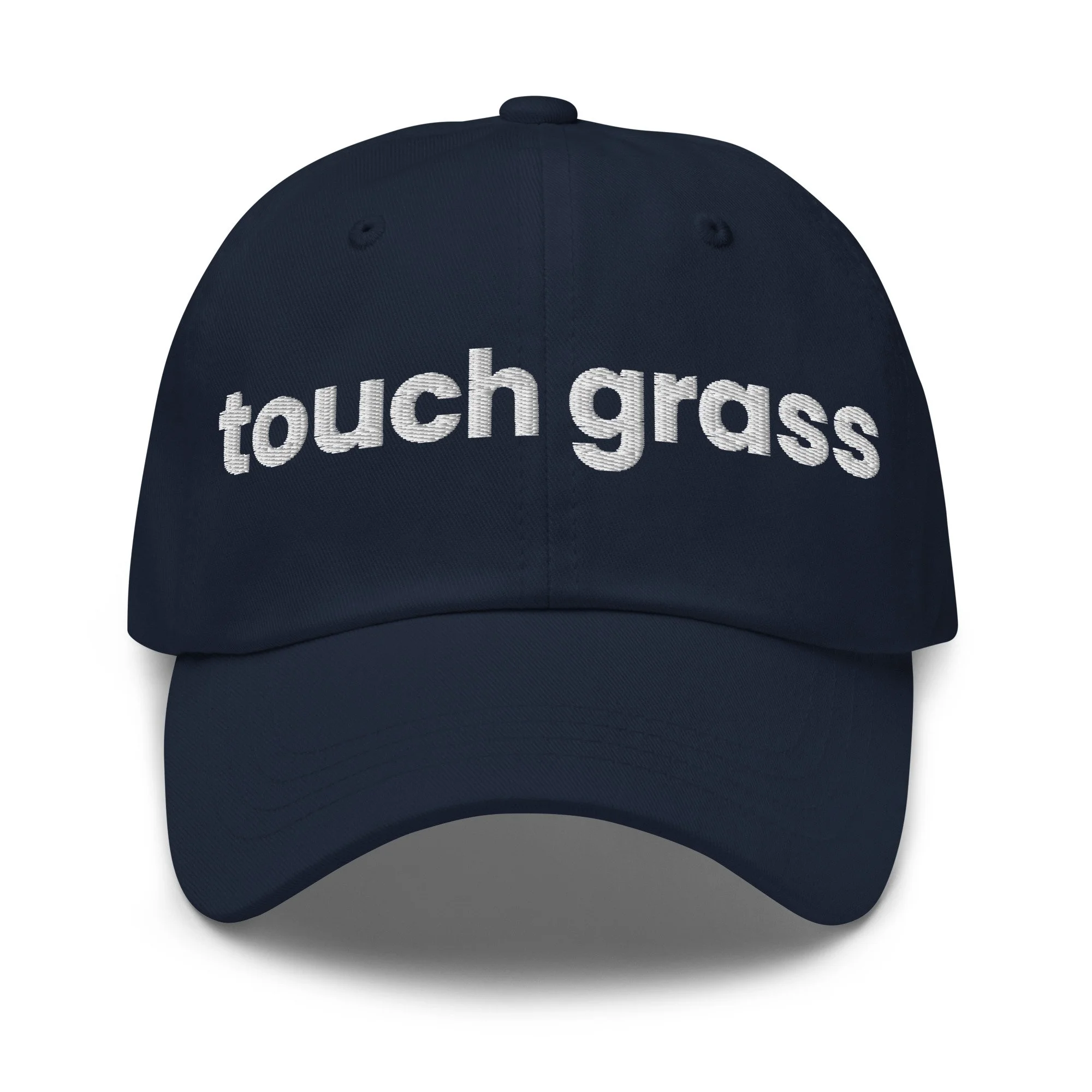 Touch Grass Embroidered Dad Hat in navy, front view