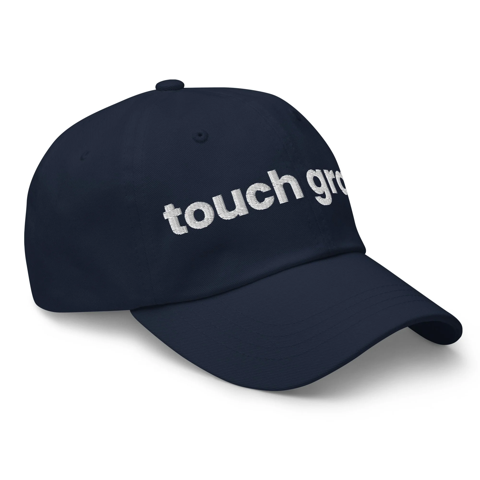 Touch Grass Embroidered Dad Hat in navy, right front view