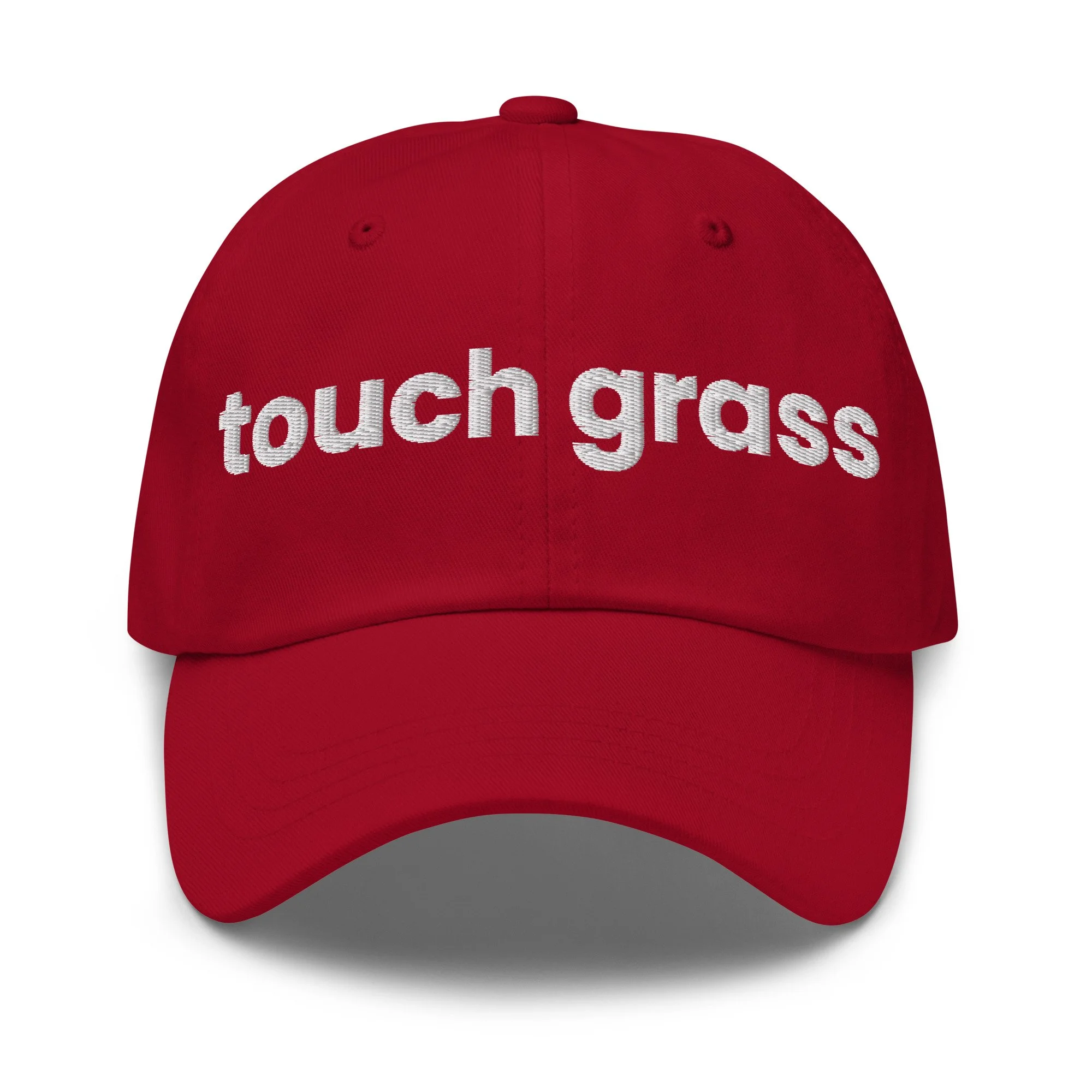Touch Grass Embroidered Dad Hat in cranberry, front view