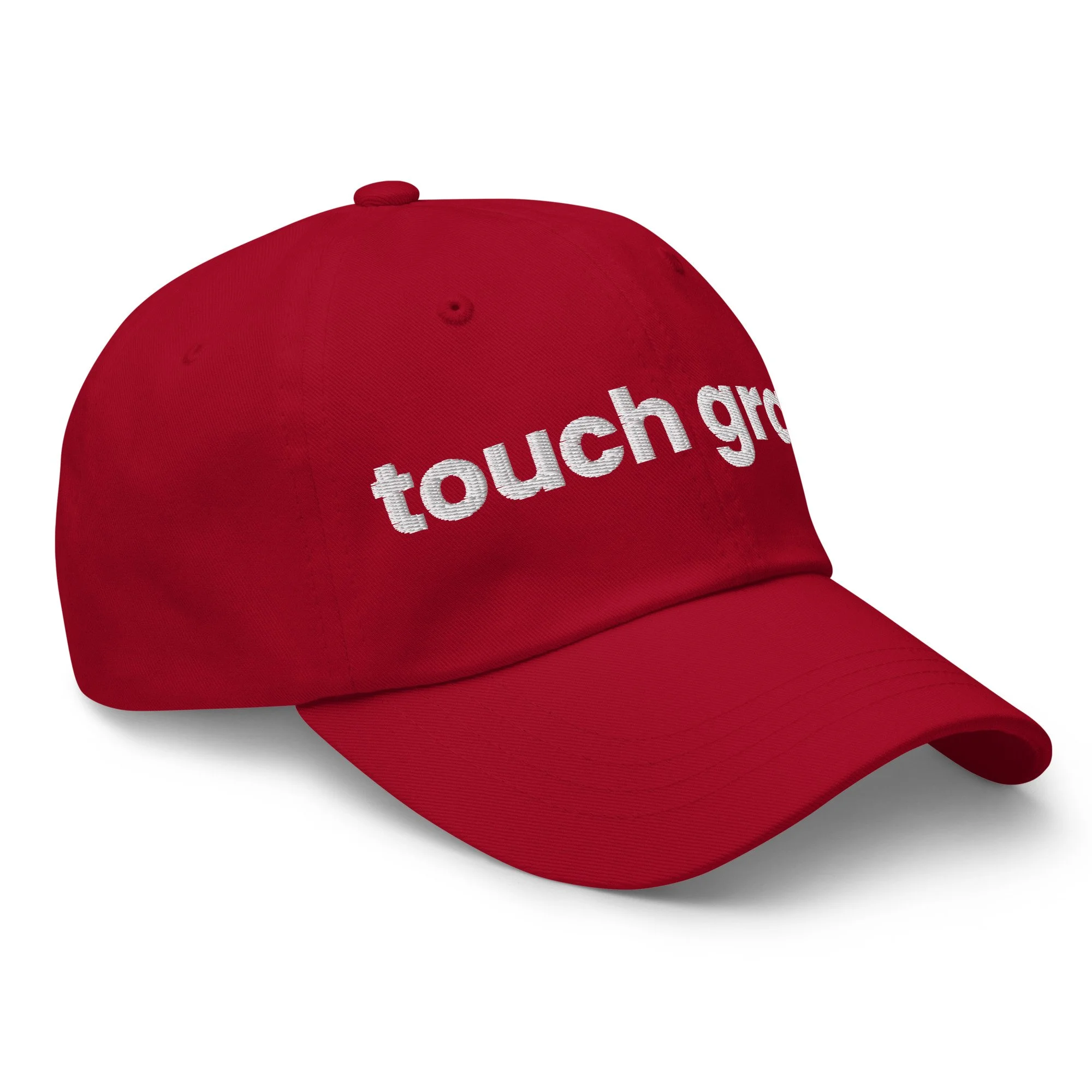 Touch Grass Embroidered Dad Hat in cranberry, right front view
