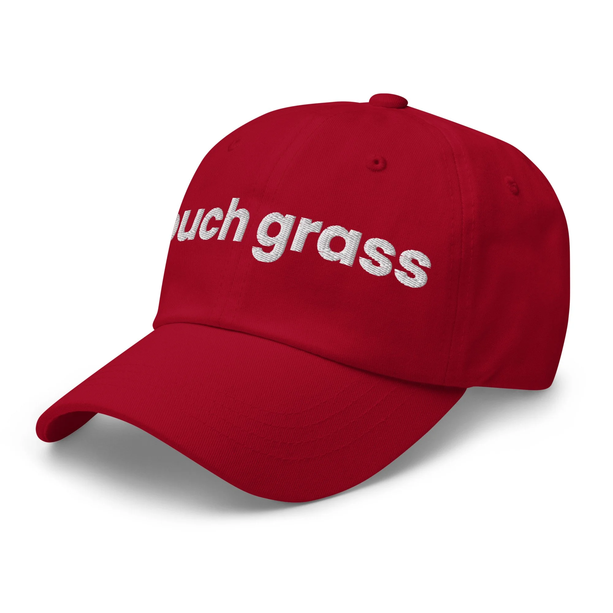 Touch Grass Embroidered Dad Hat in cranberry, left front view