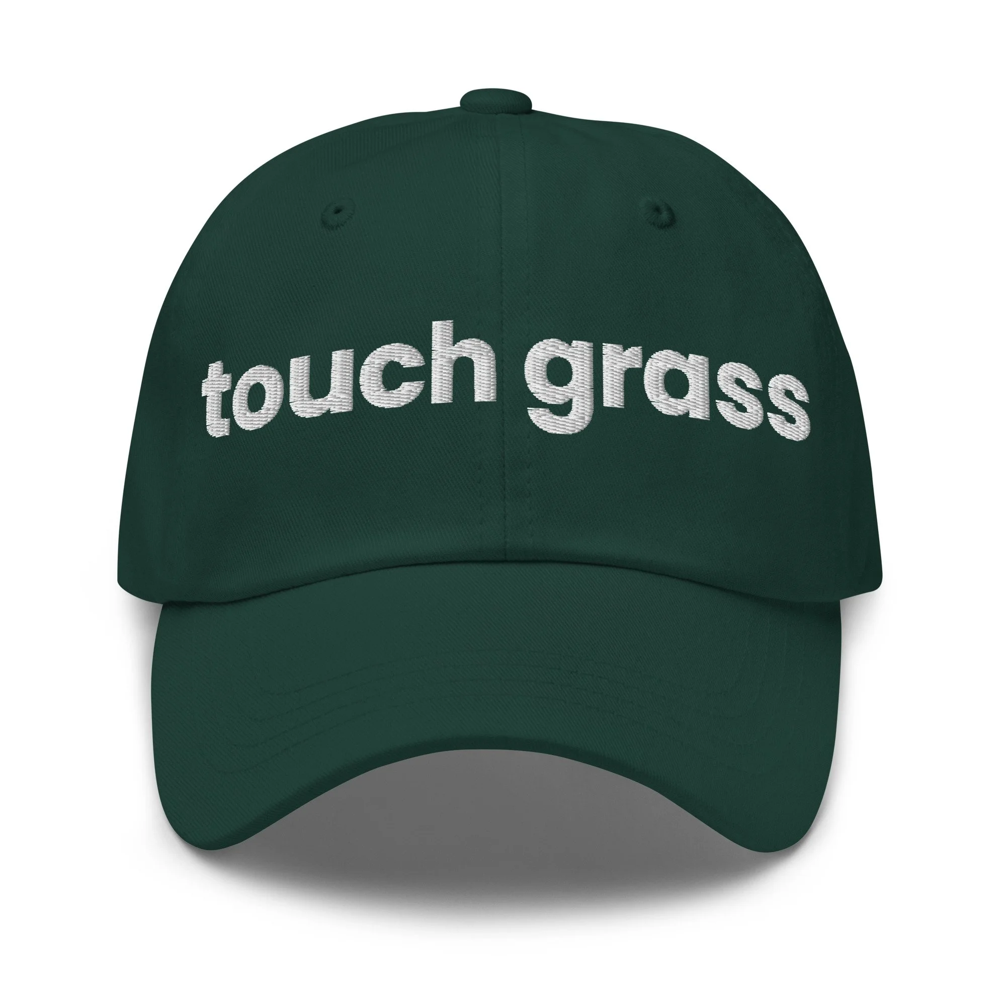 Touch Grass Embroidered Dad Hat in spruce, front view