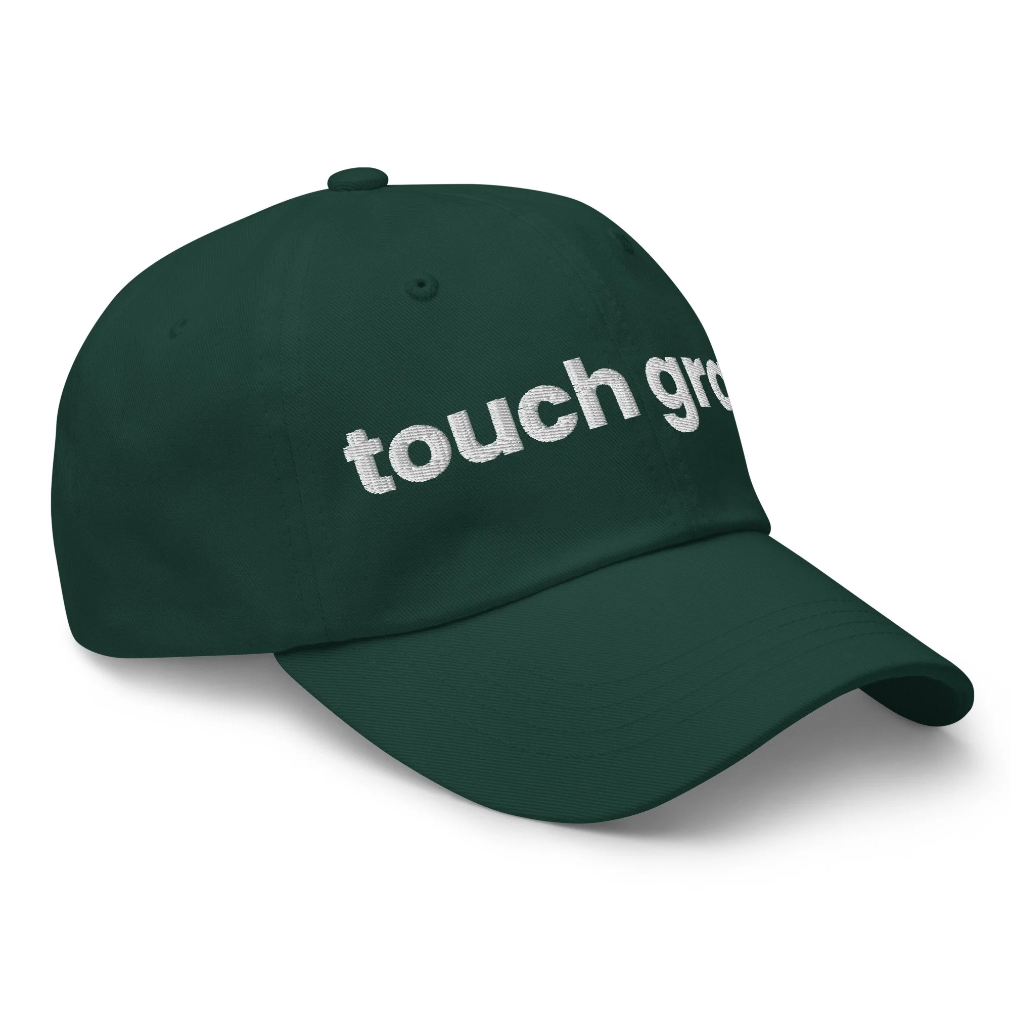 Touch Grass Embroidered Dad Hat in spruce, right front view