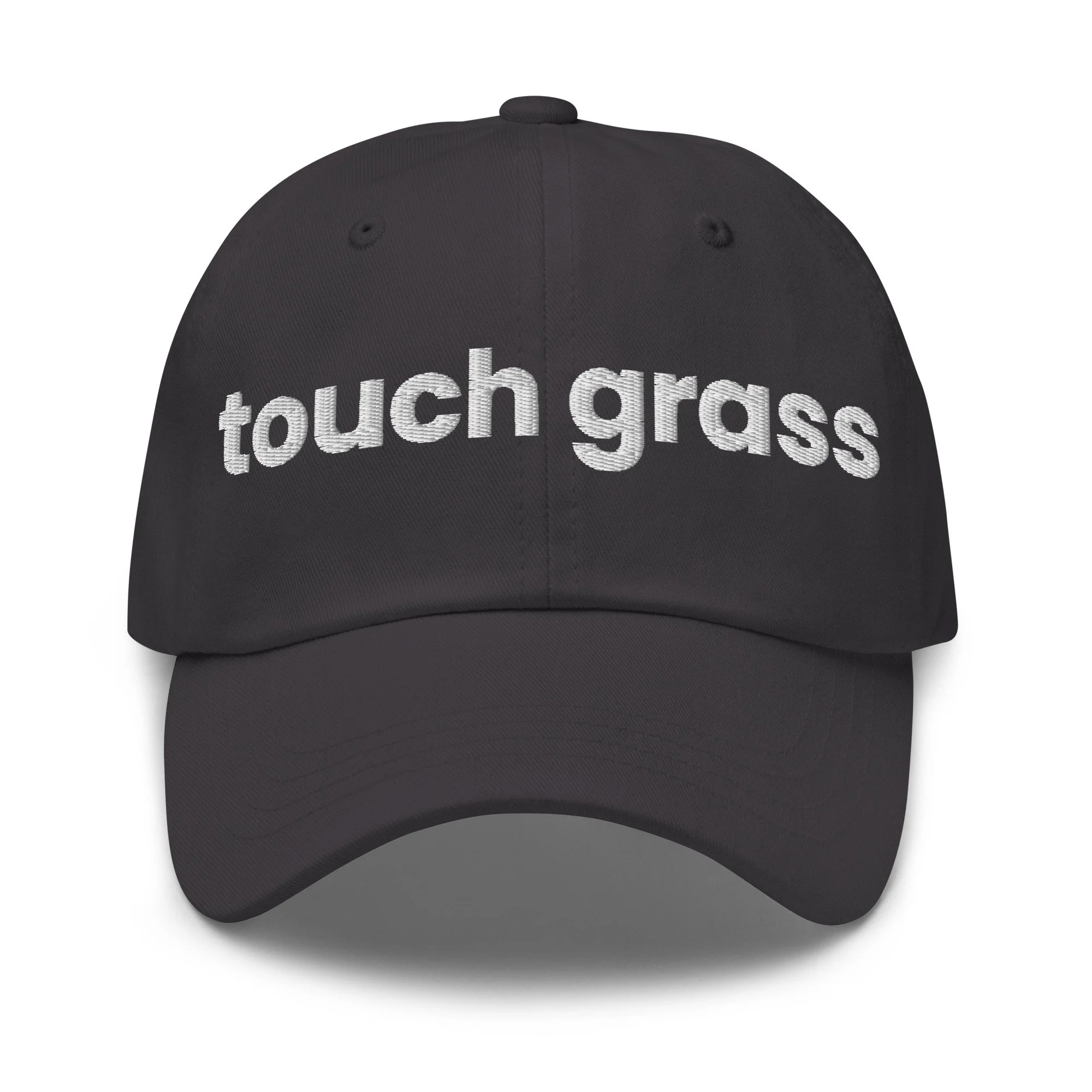 Touch Grass Embroidered Dad Hat in dark grey, front view