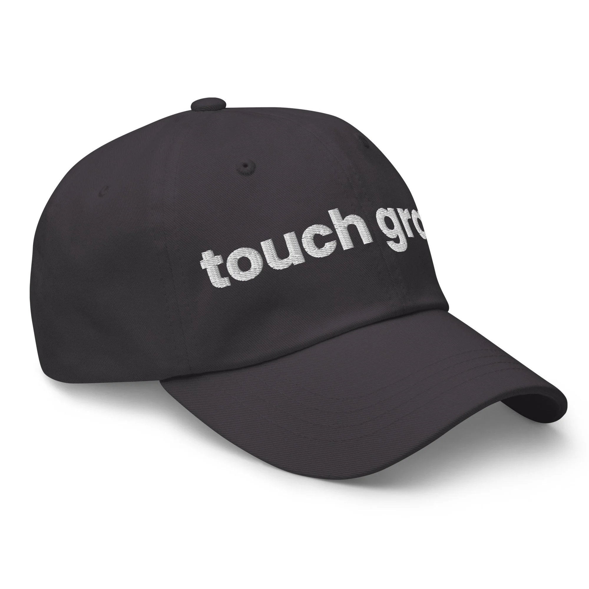 Touch Grass Embroidered Dad Hat in dark grey, right front view