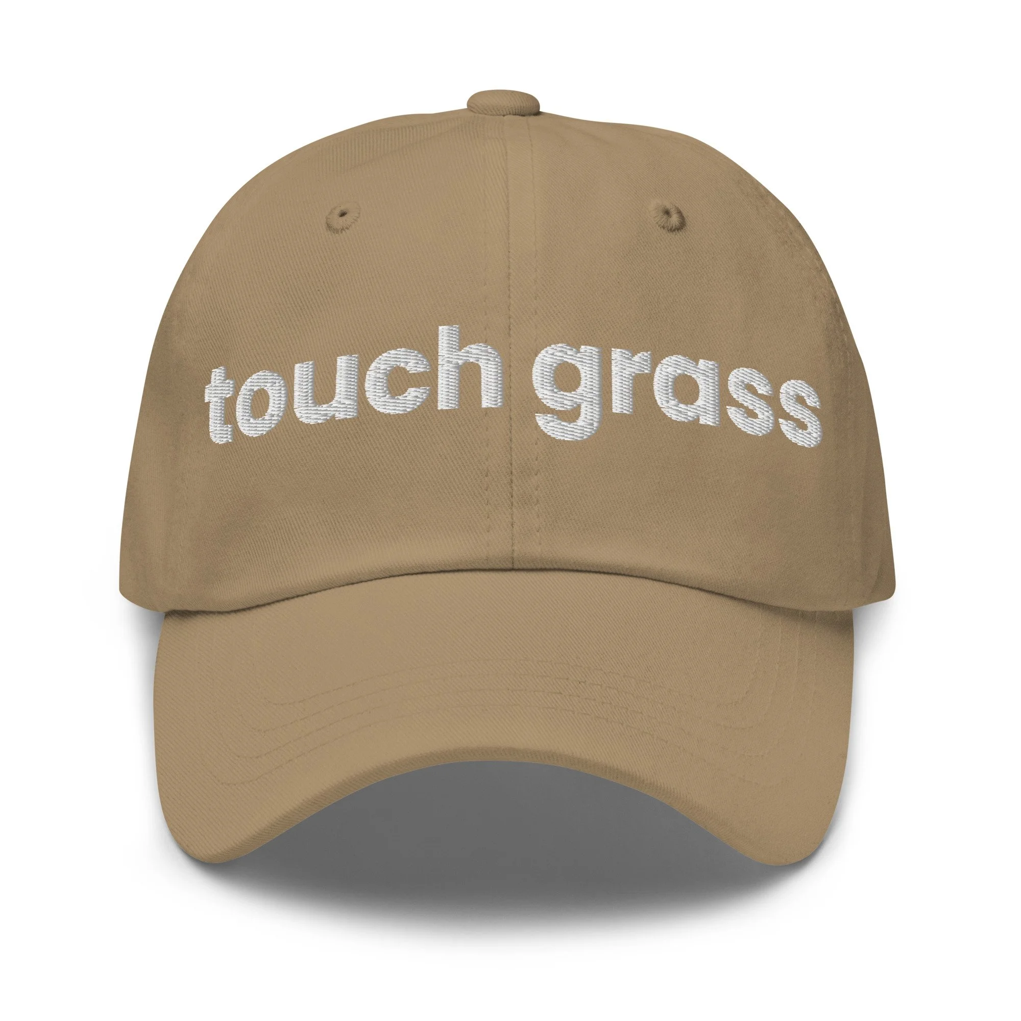 Touch Grass Embroidered Dad Hat in khaki, front view