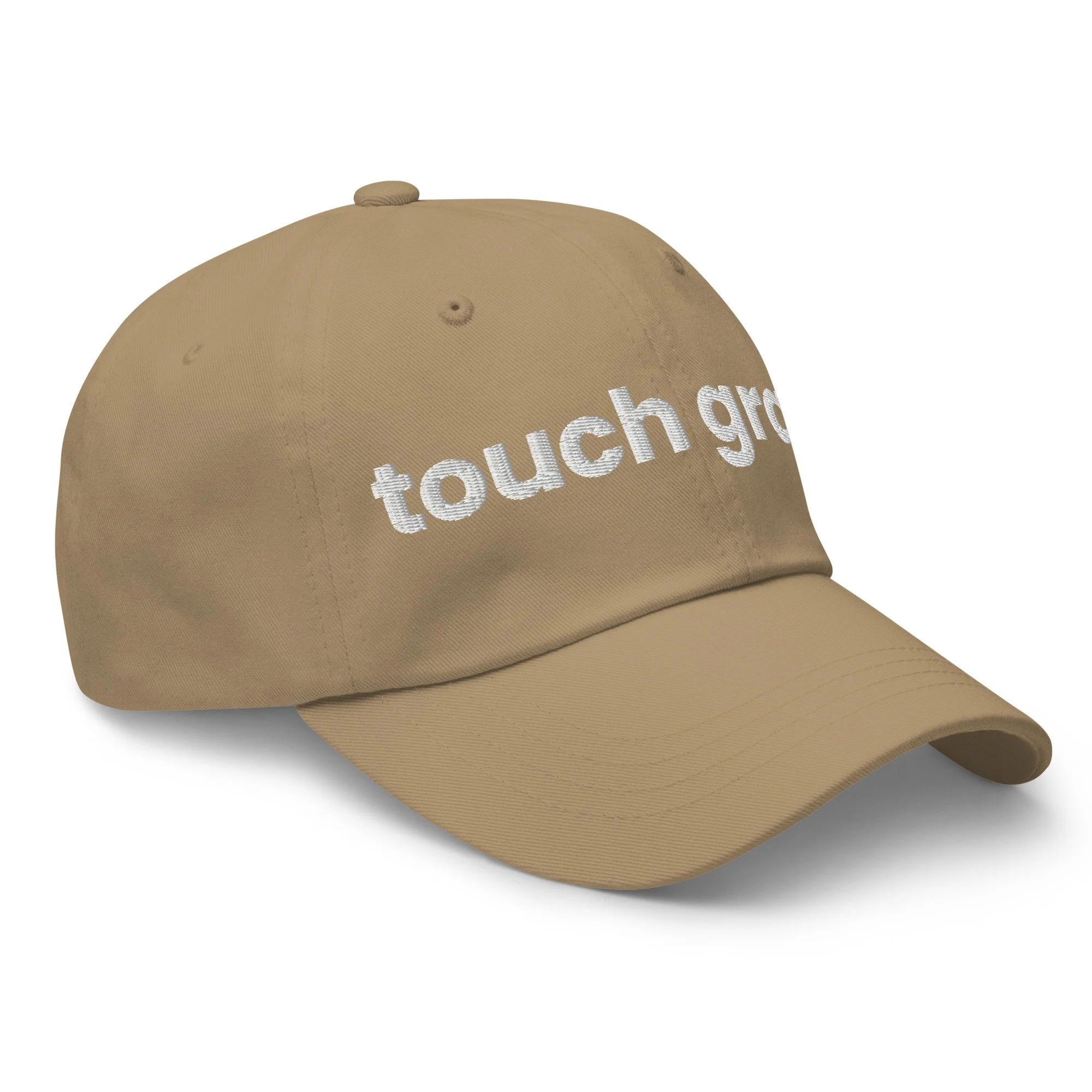 Touch Grass Embroidered Dad Hat in khaki, right front view