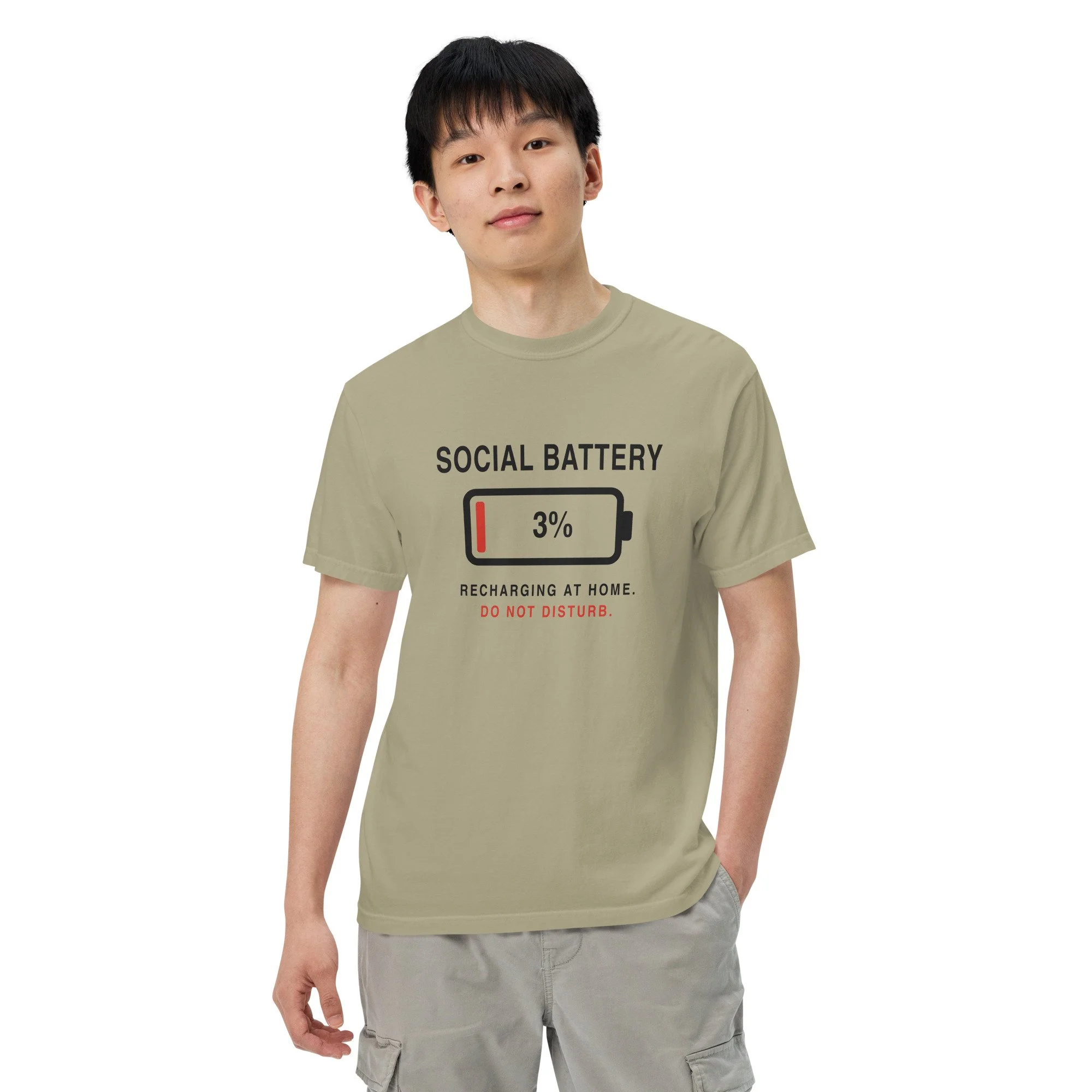 Social Battery 3% Tee in khaki, front view