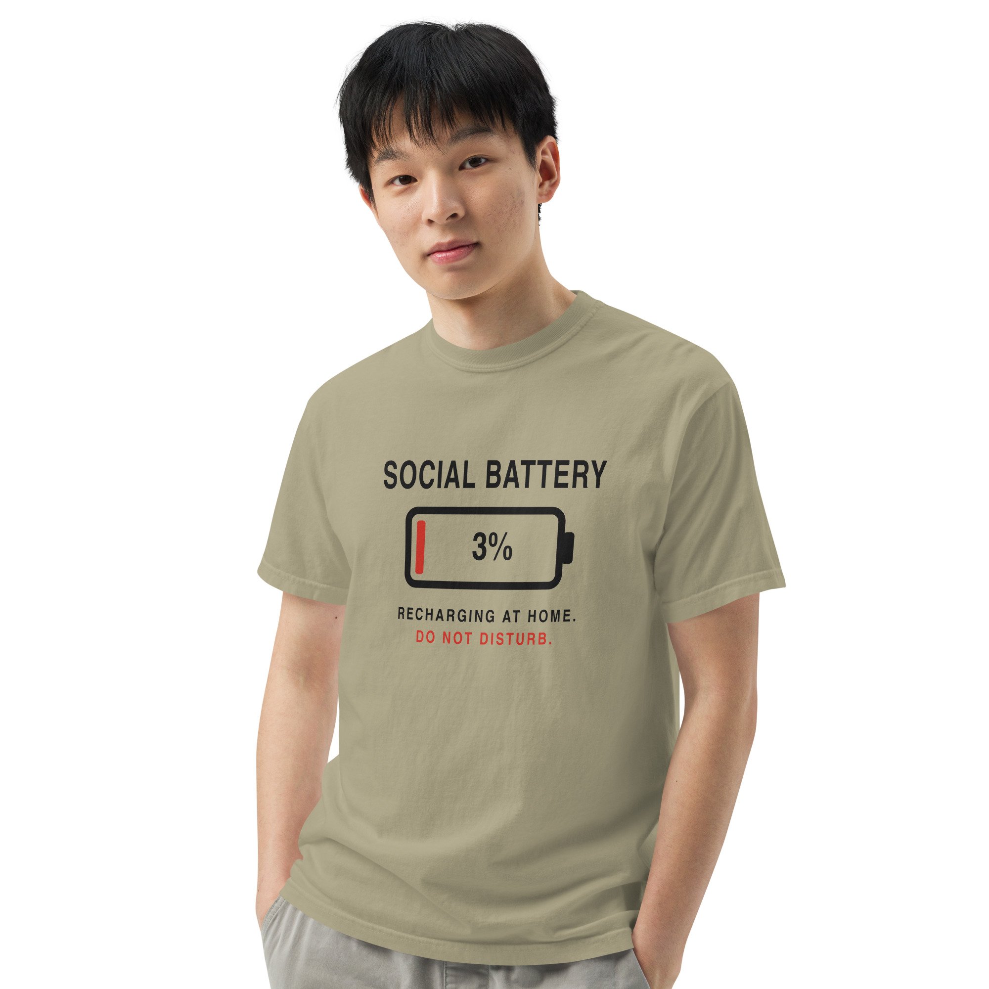 Social Battery 3% Tee in khaki, front view