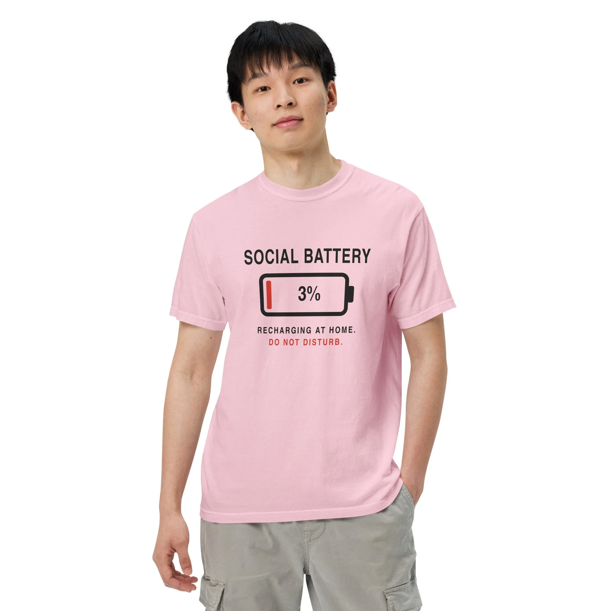 Social Battery 3% Tee in blossom, front view