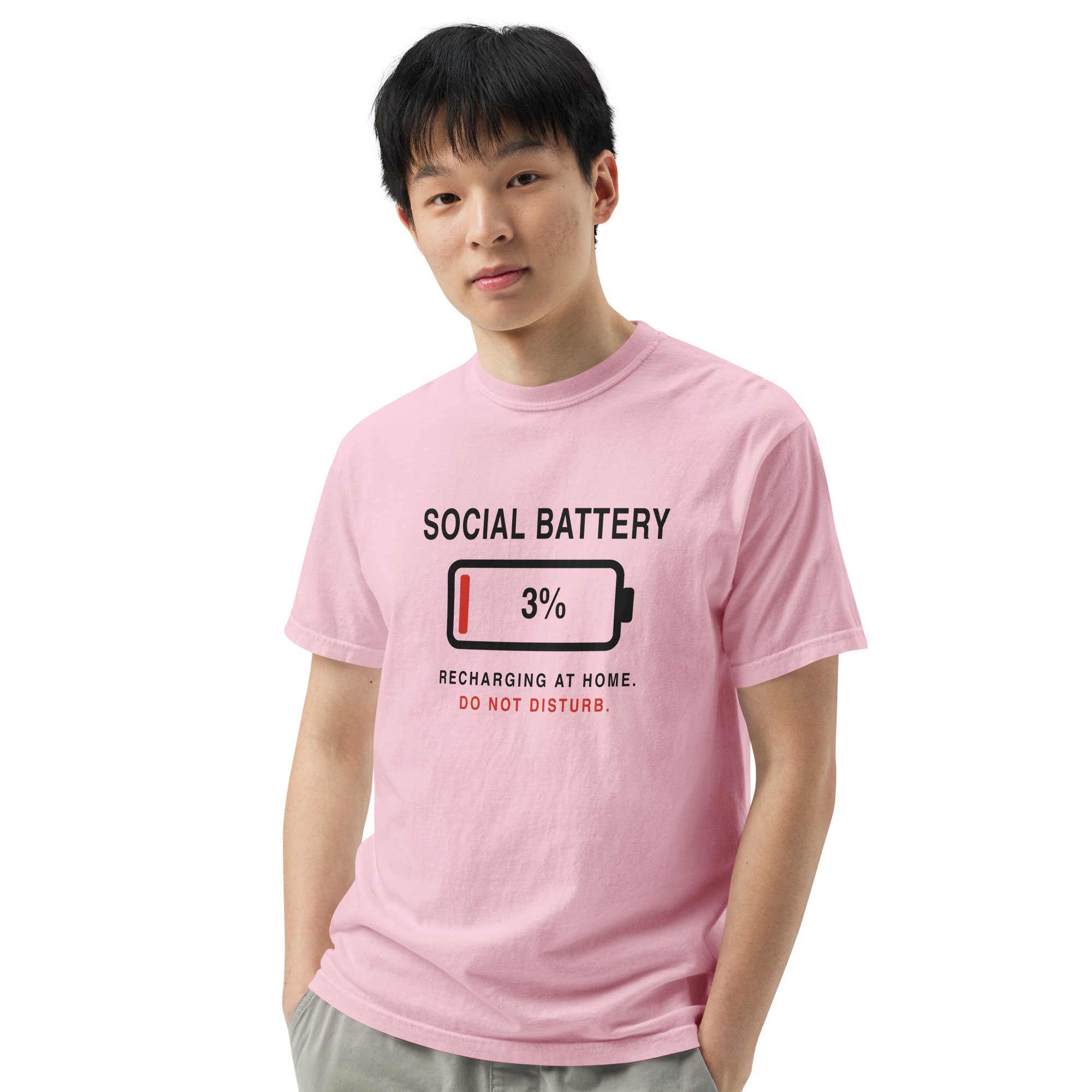 Social Battery 3% Tee in blossom, front view