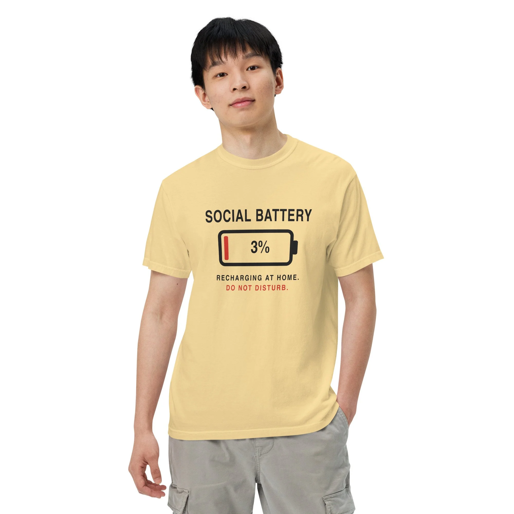 Social Battery 3% Tee in butter, front view