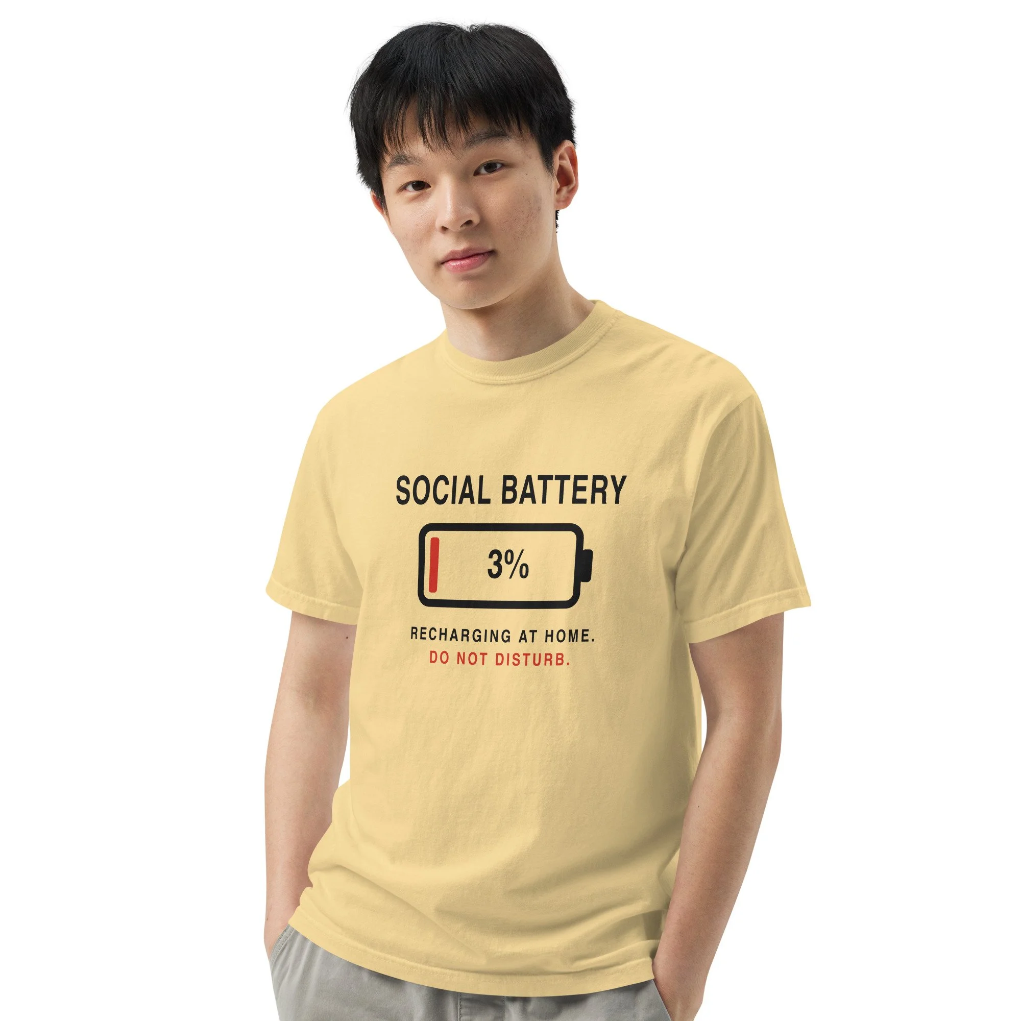Social Battery 3% Tee in butter, front view
