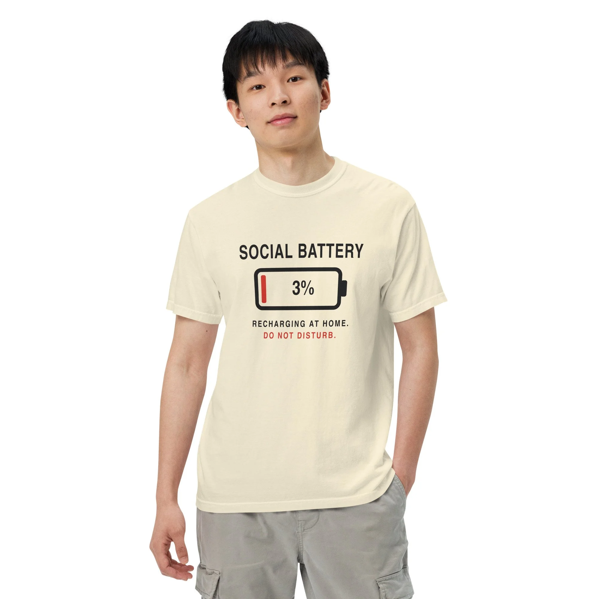 Social Battery 3% Tee in ivory, front view