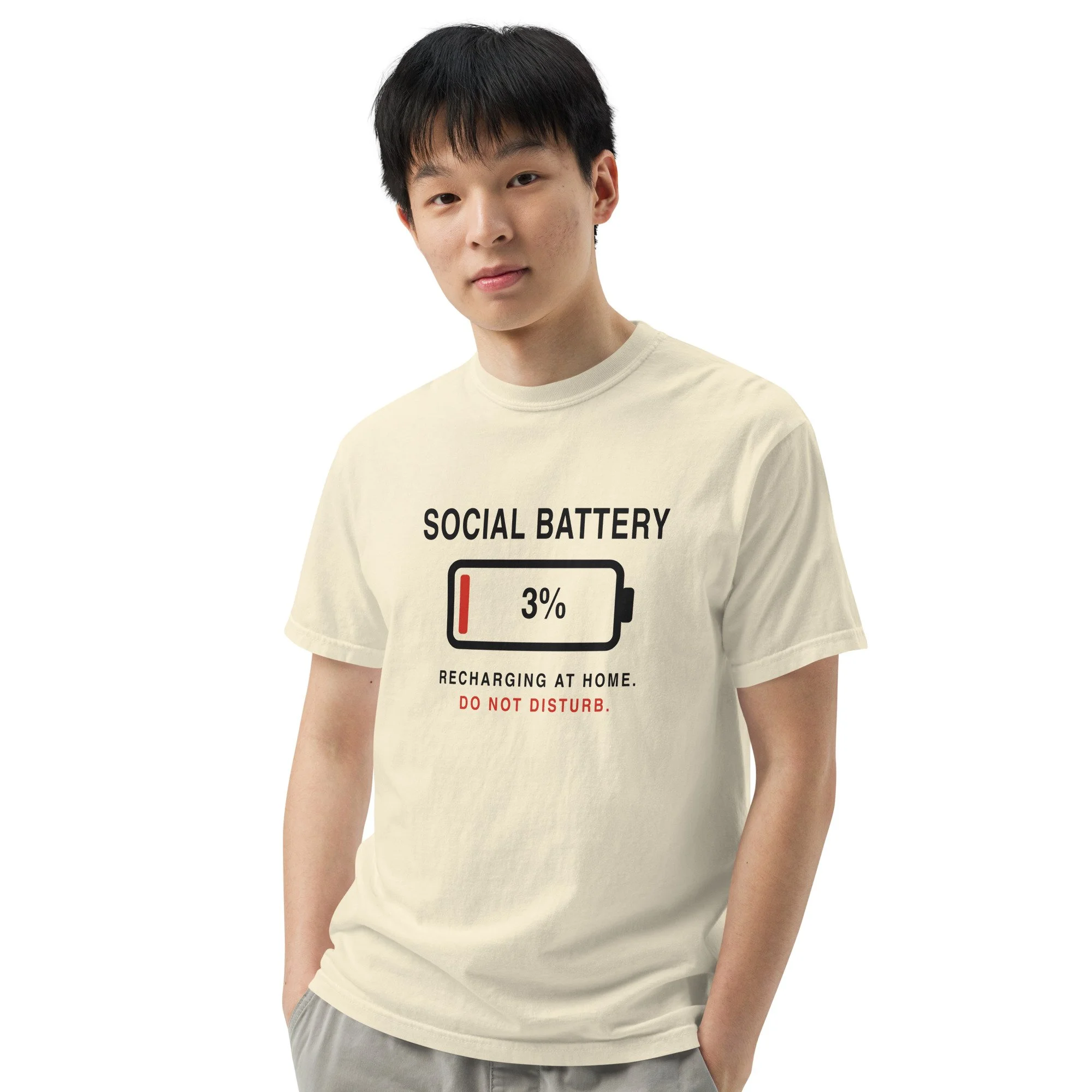 Social Battery 3% Tee in ivory, front view