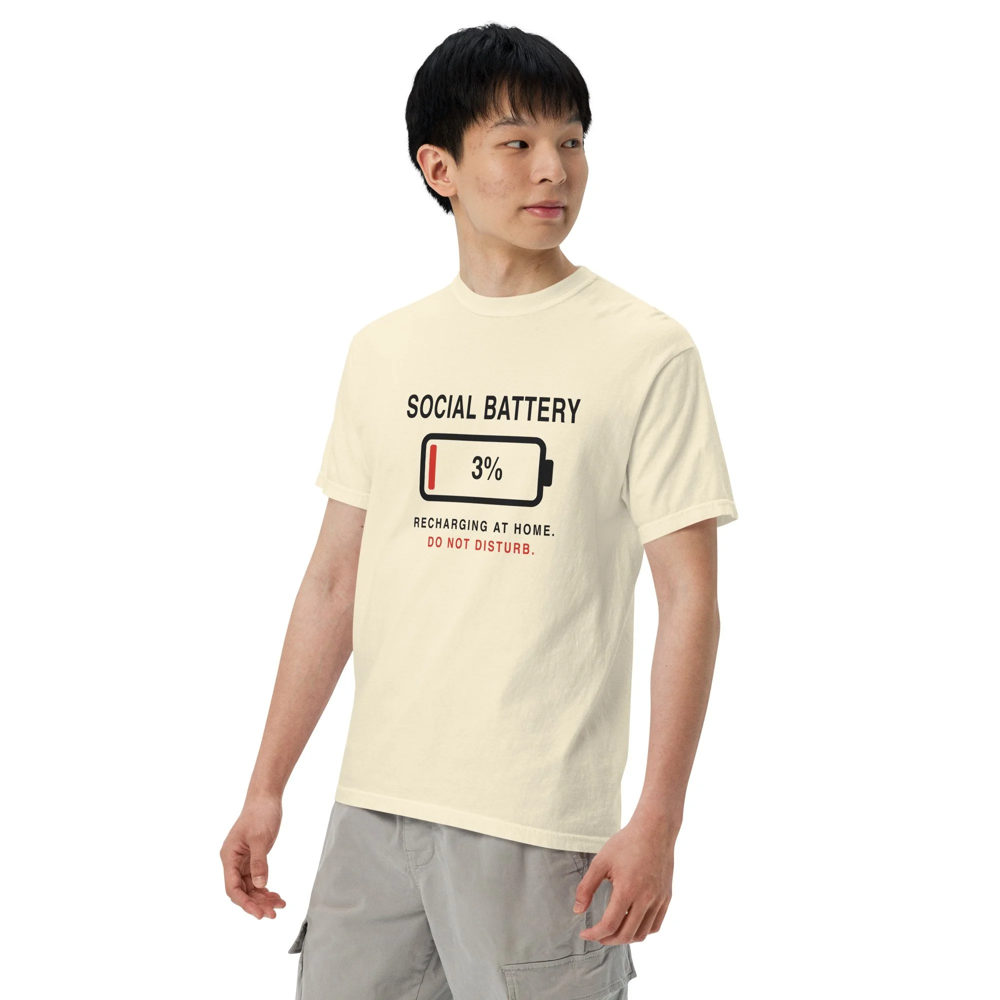 Social Battery 3% Tee in ivory, left front view