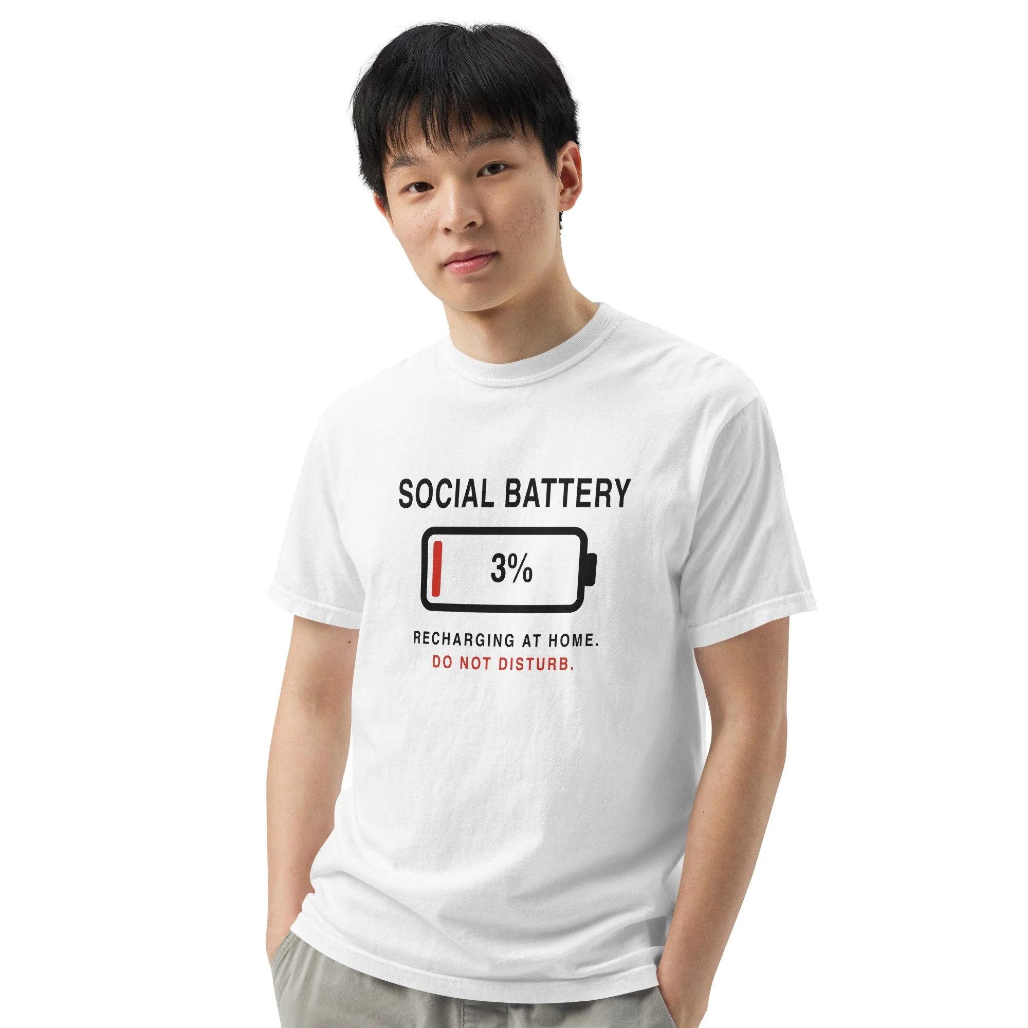 Social Battery 3% Tee in white, front view