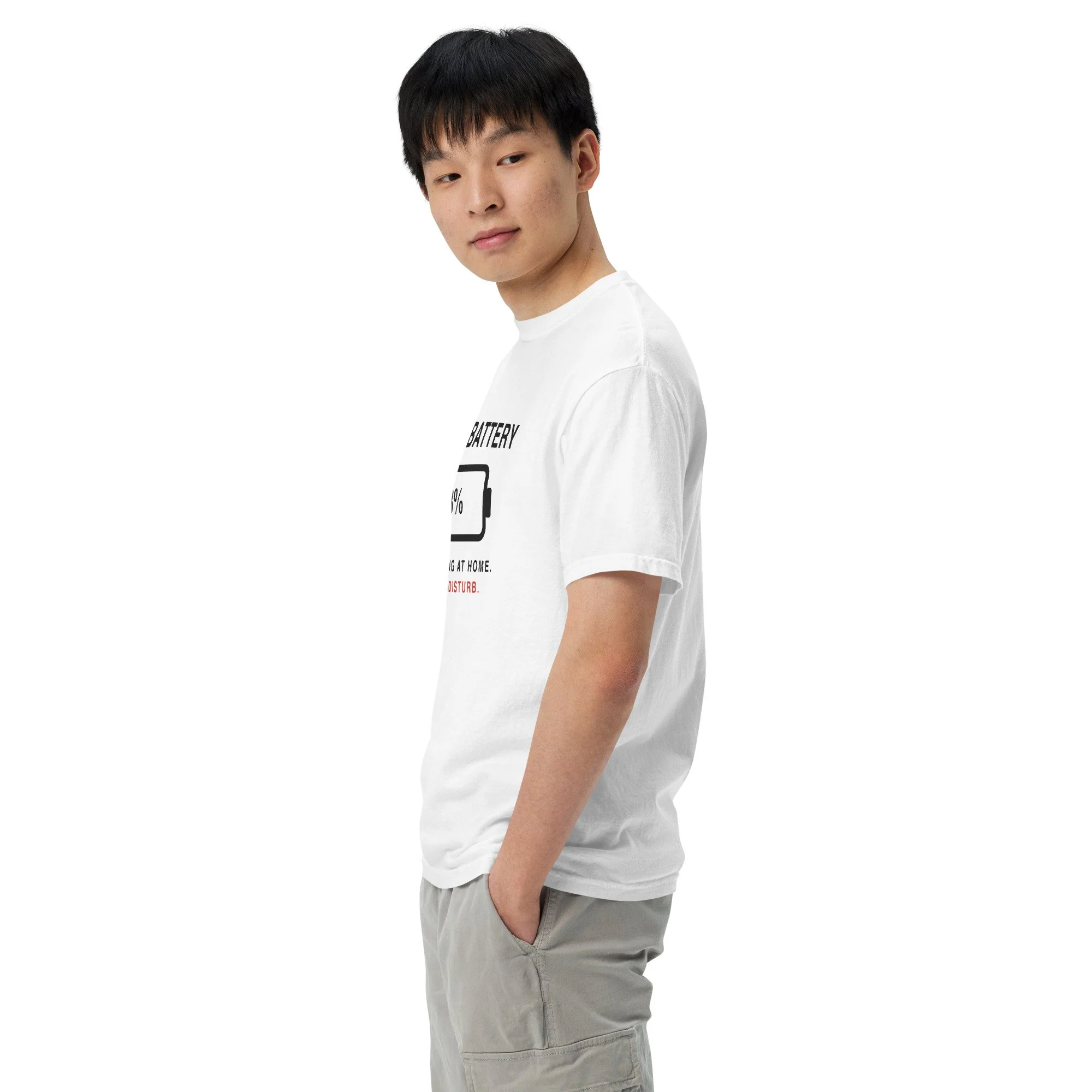 Social Battery 3% Tee in white, left view