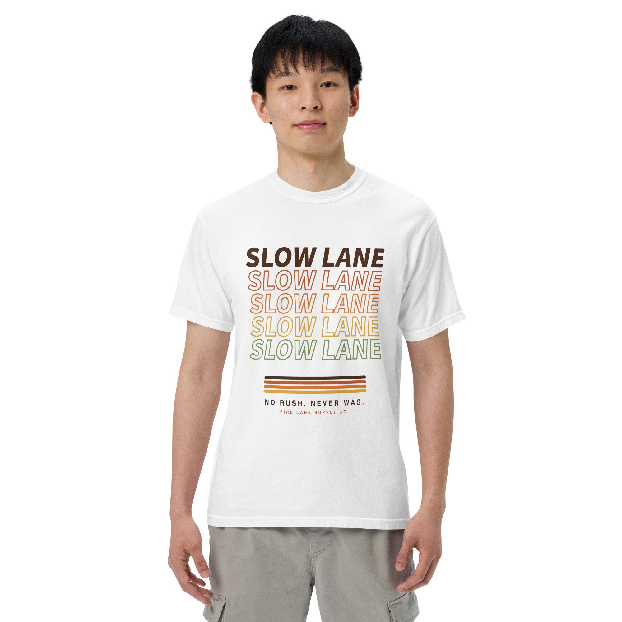 Slow Lane Retro Tee in white, front view