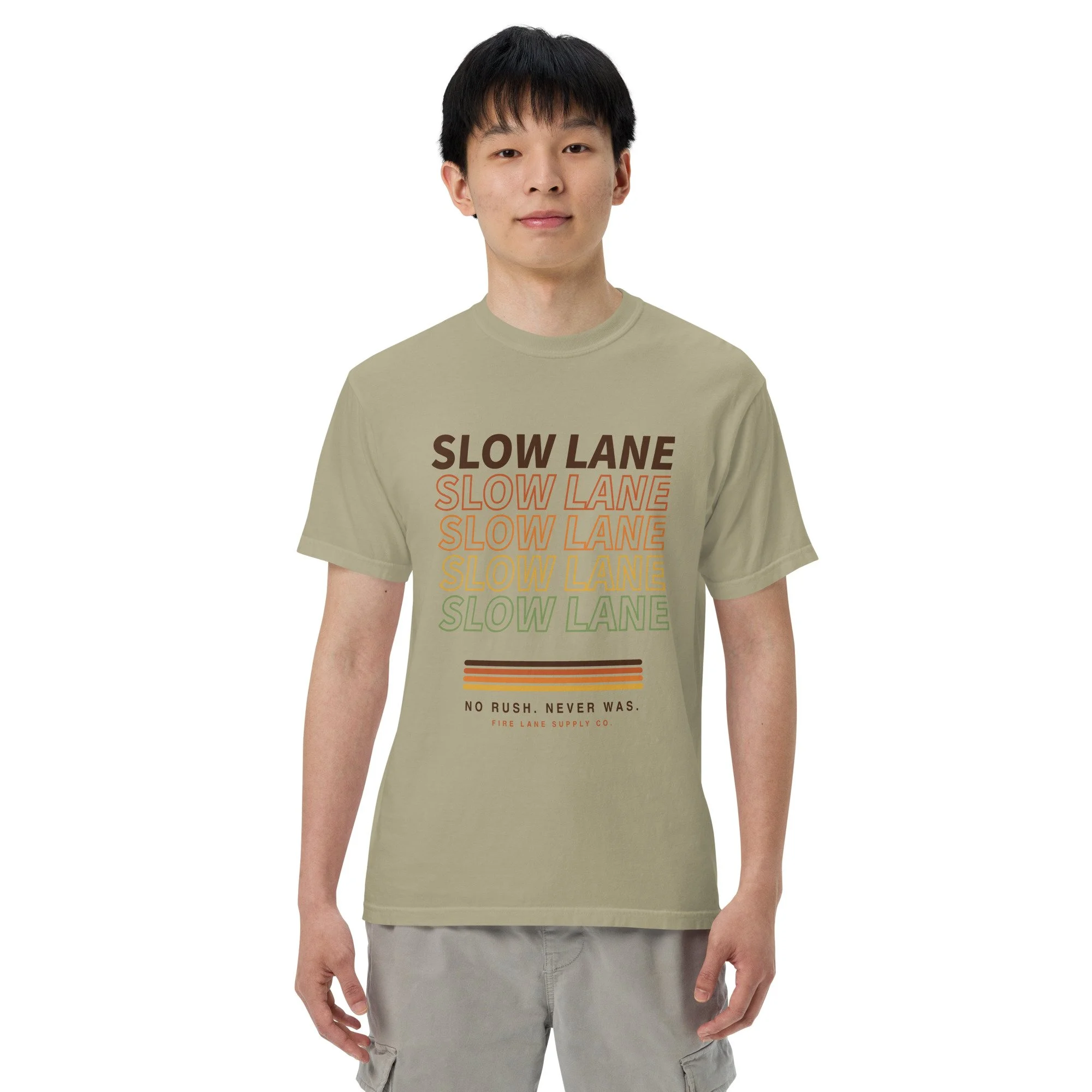 Slow Lane Retro Tee in khaki, front view