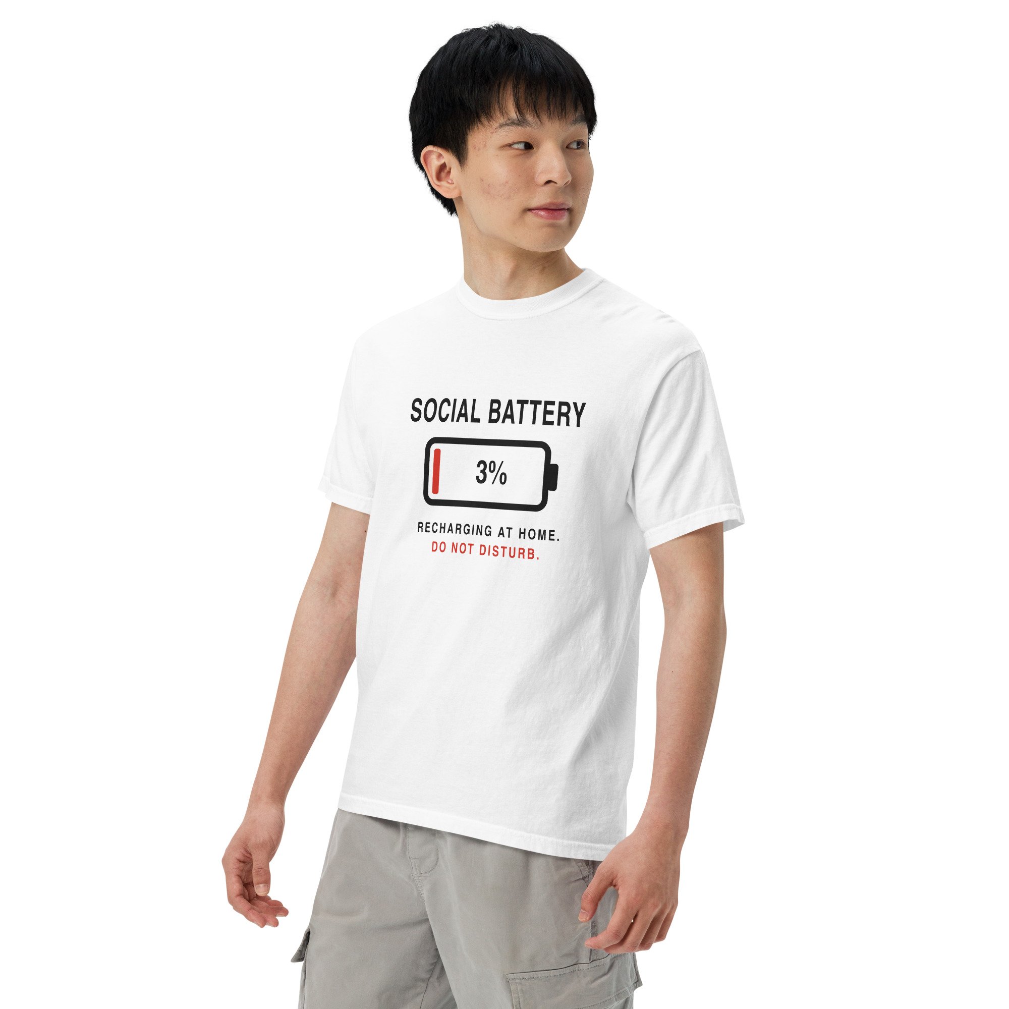 Social Battery 3% Tee in white, left front view
