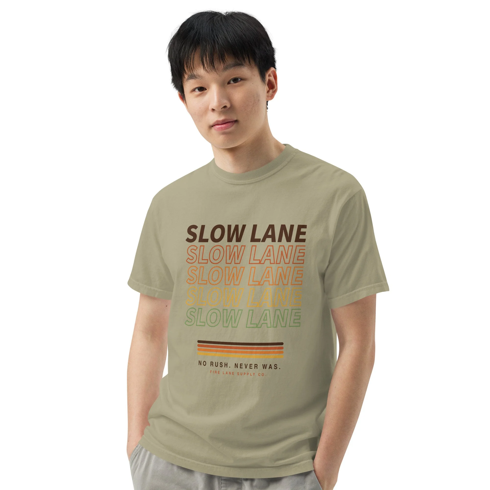 Slow Lane Retro Tee in khaki, front view