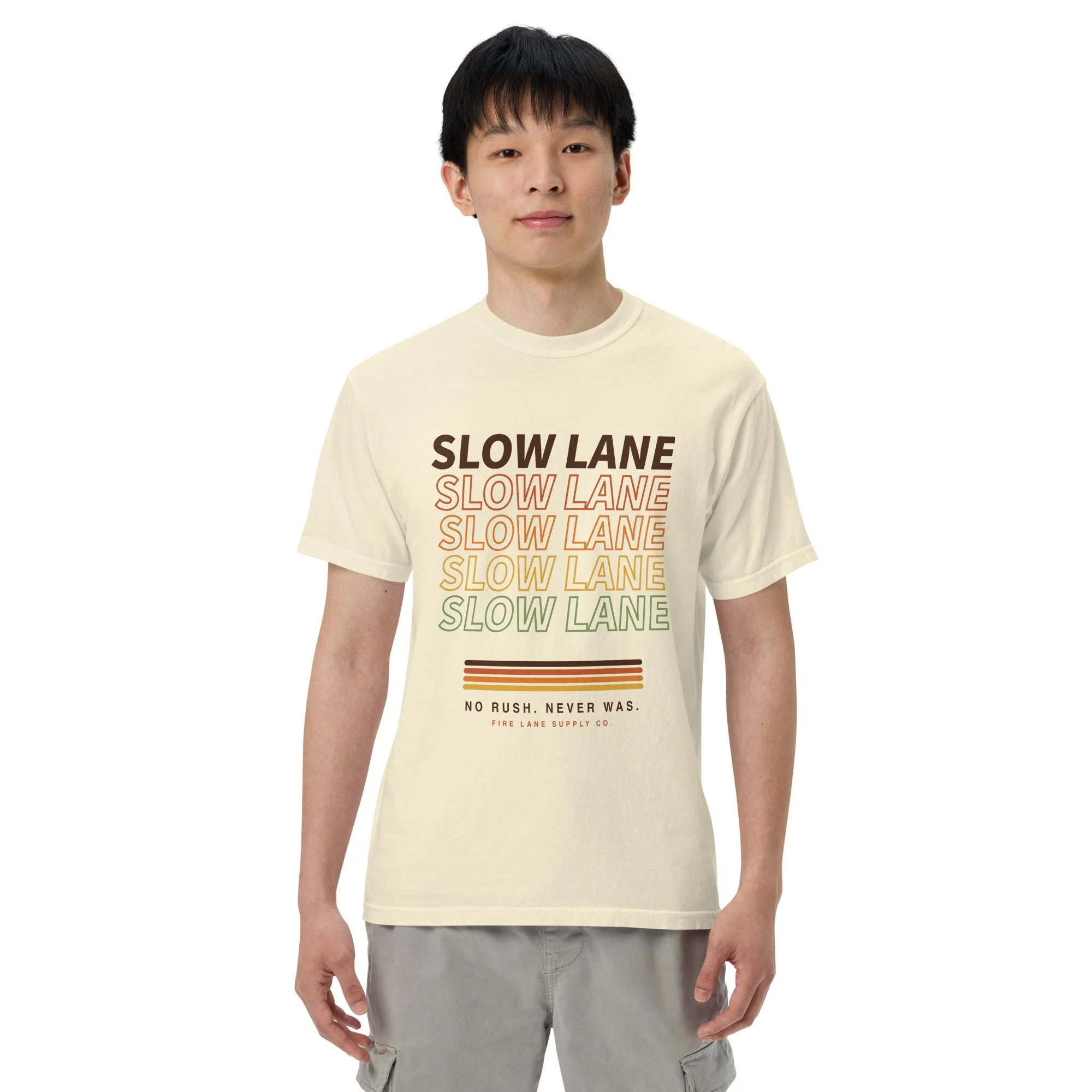 Slow Lane Retro Tee in ivory, front view