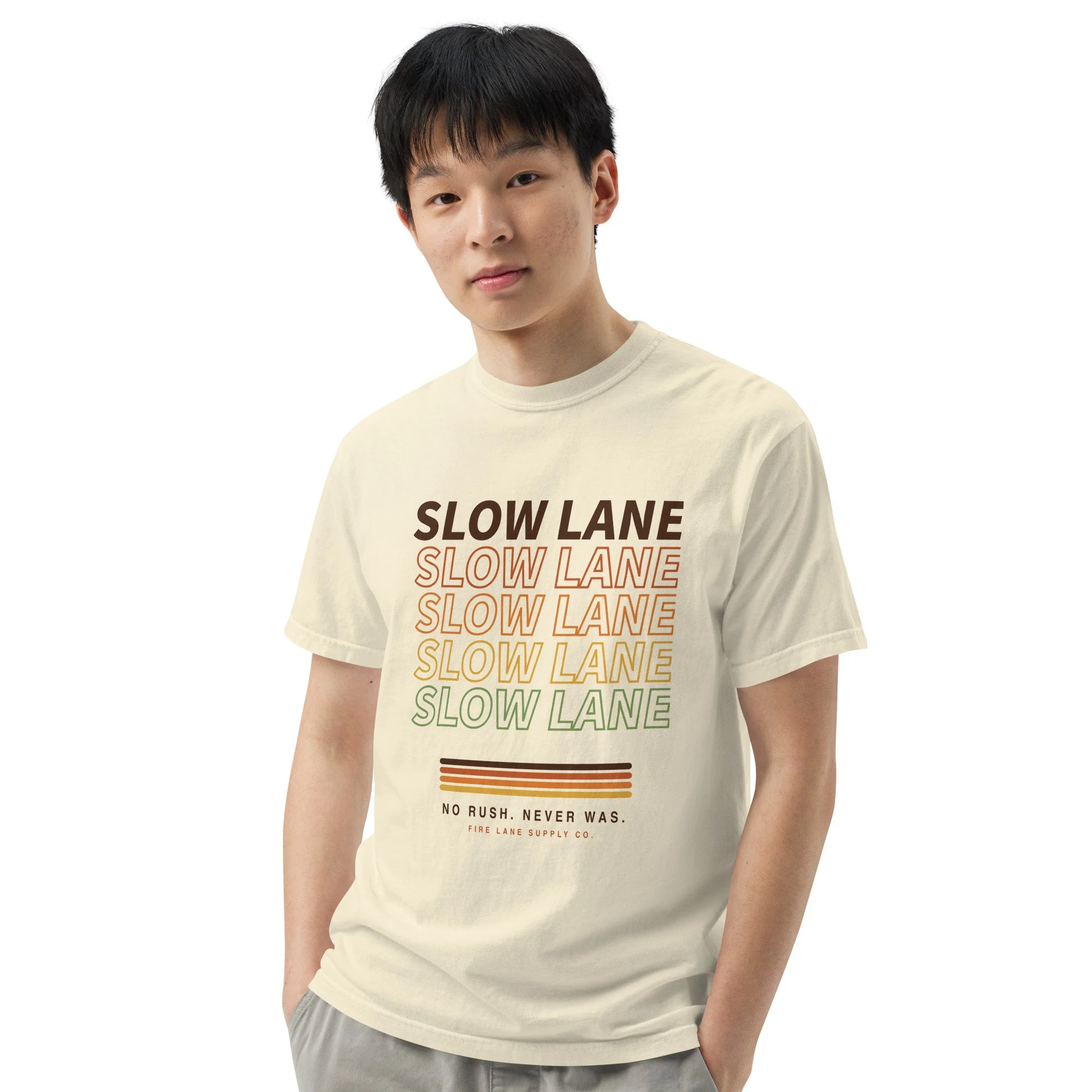 Slow Lane Retro Tee in ivory, front view