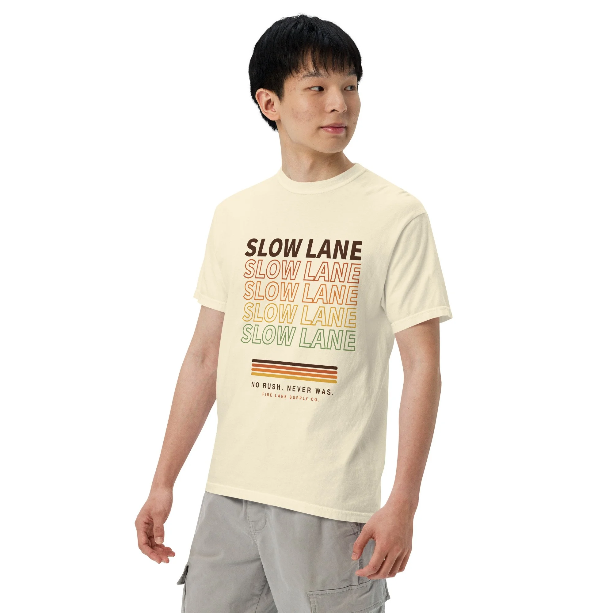 Slow Lane Retro Tee in ivory, left front view