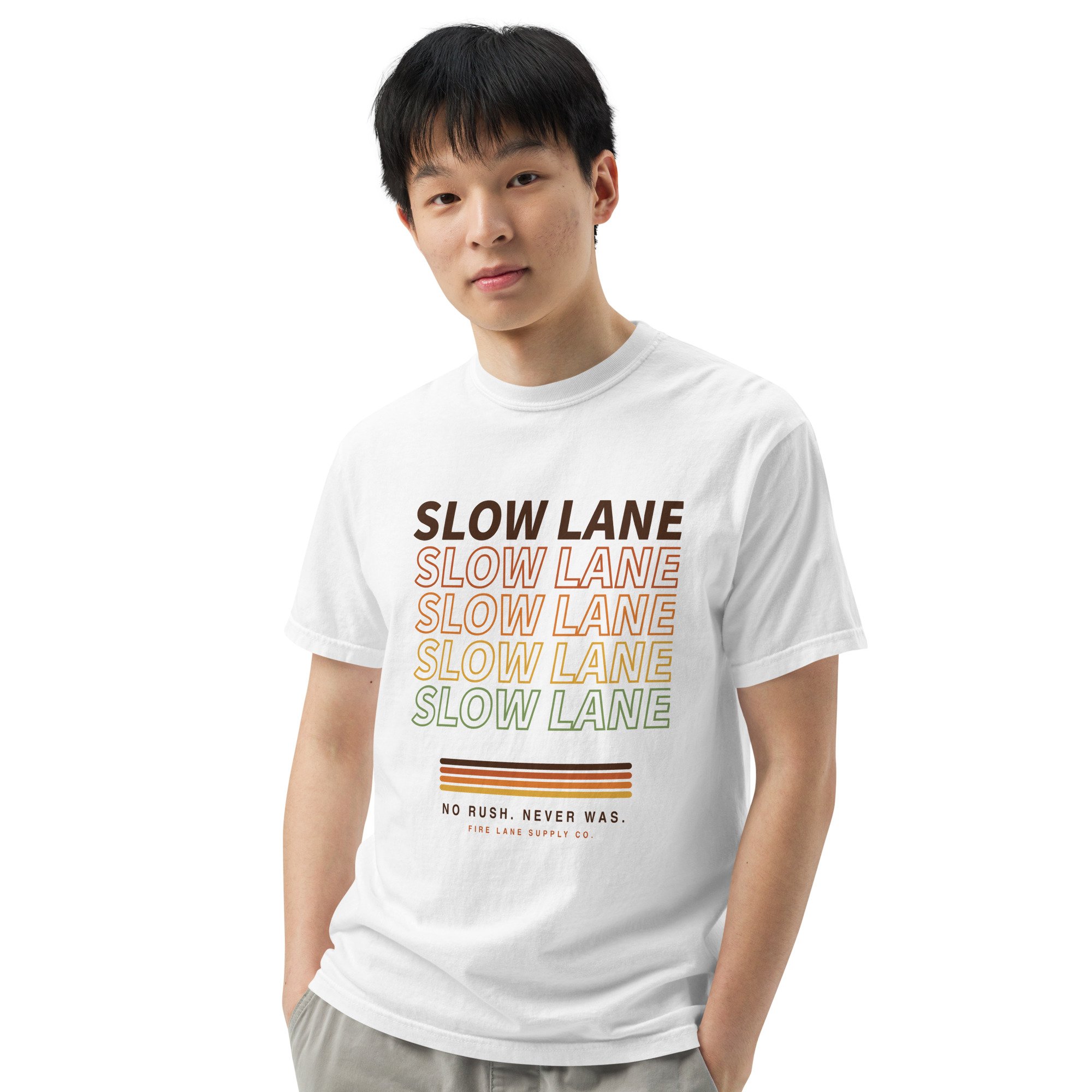 Slow Lane Retro Tee in white, front view