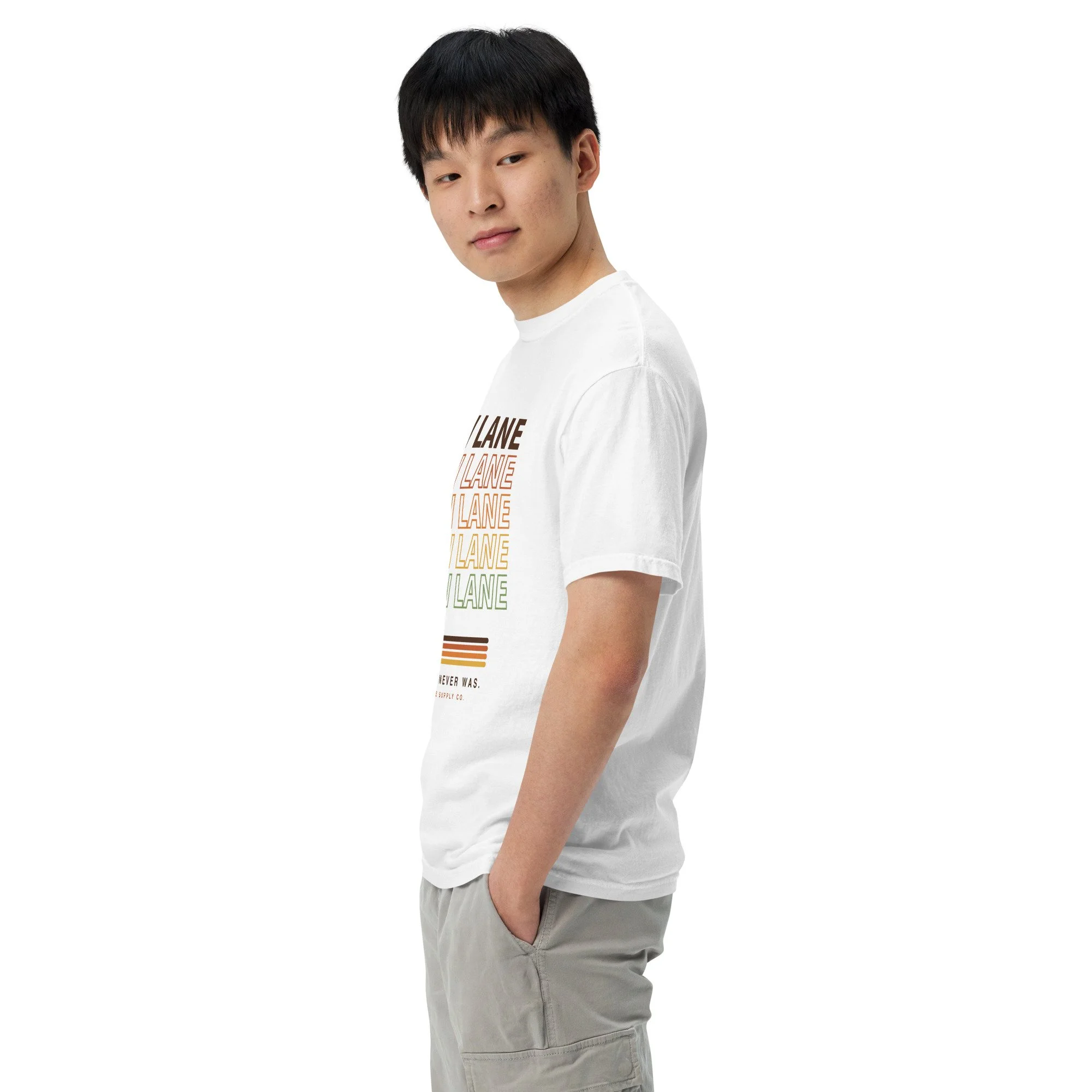Slow Lane Retro Tee in white, left view