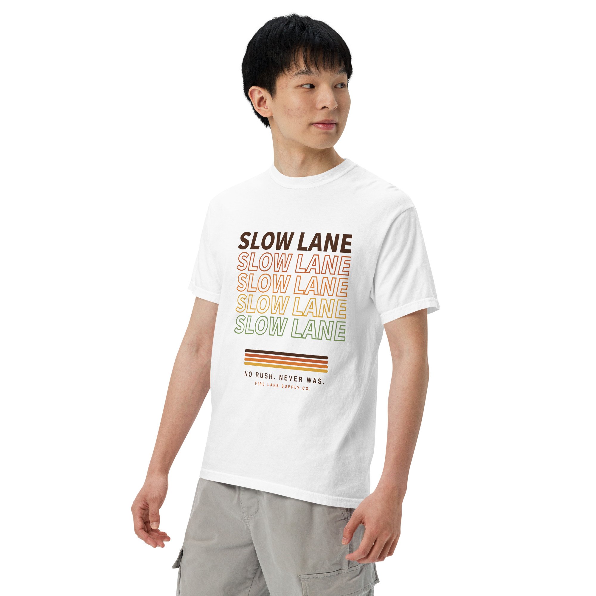 Slow Lane Retro Tee in white, left front view