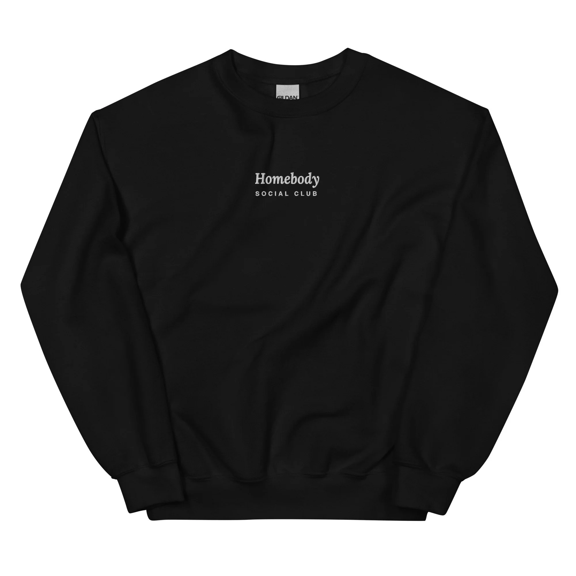 Homebody Social Club Embroidered Crewneck in black, front view