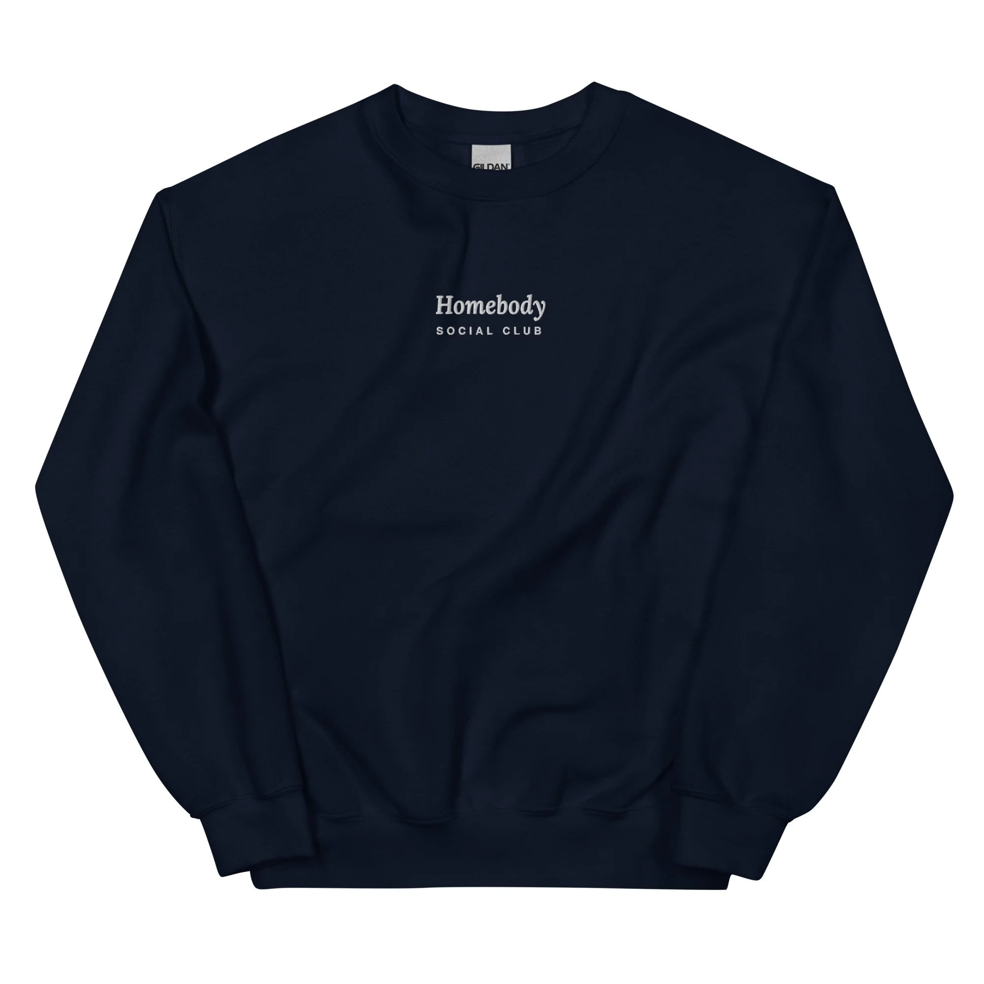 Homebody Social Club Embroidered Crewneck in navy, front view
