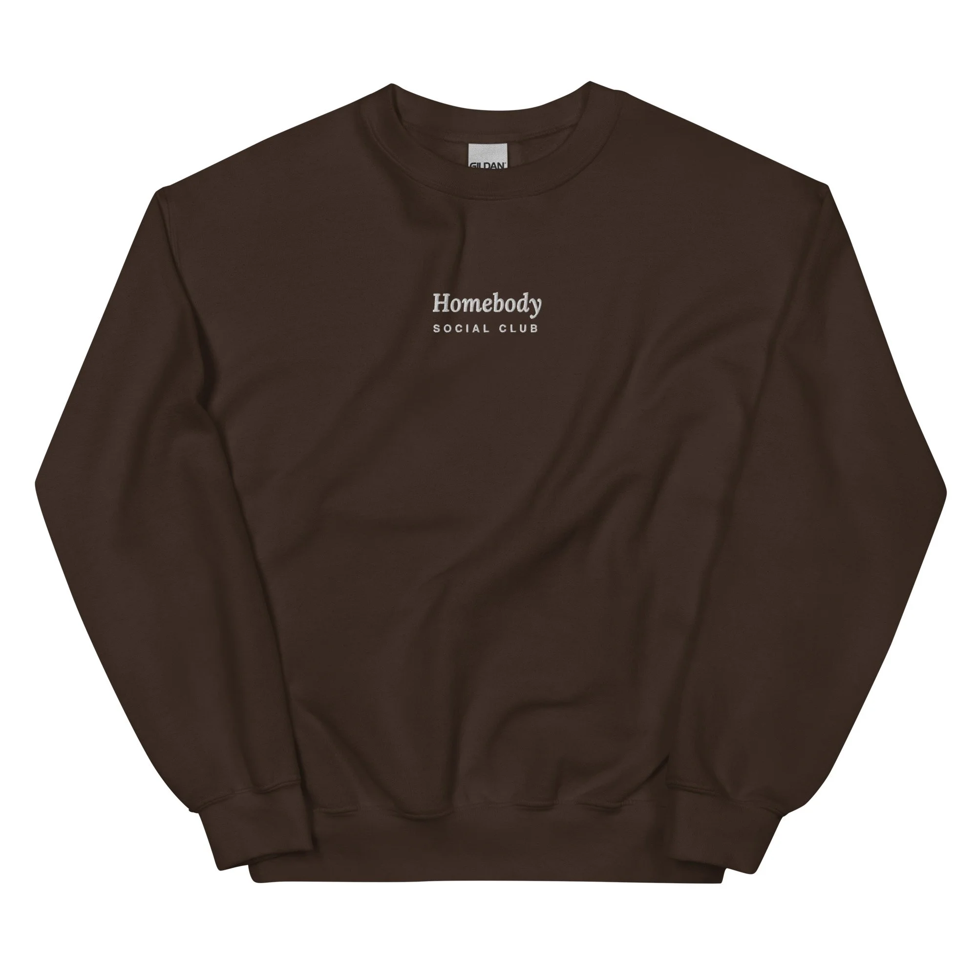 Homebody Social Club Embroidered Crewneck in dark chocolate, front view