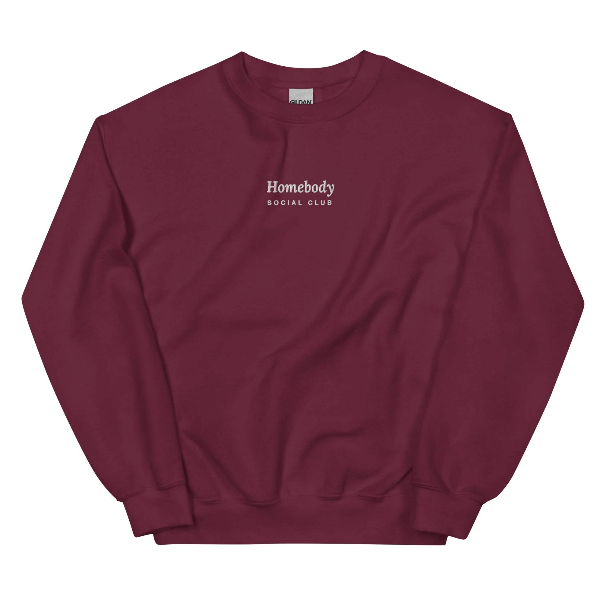 Homebody Social Club Embroidered Crewneck in maroon, front view
