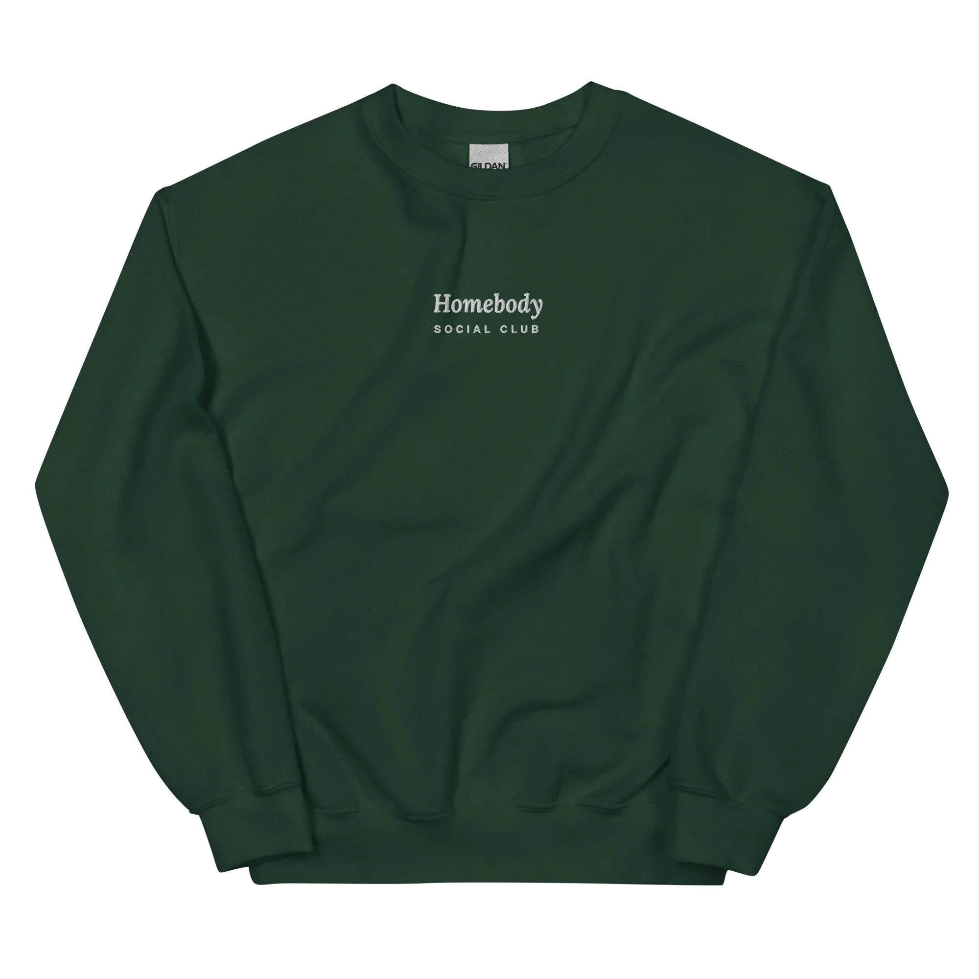 Homebody Social Club Embroidered Crewneck in forest green, front view